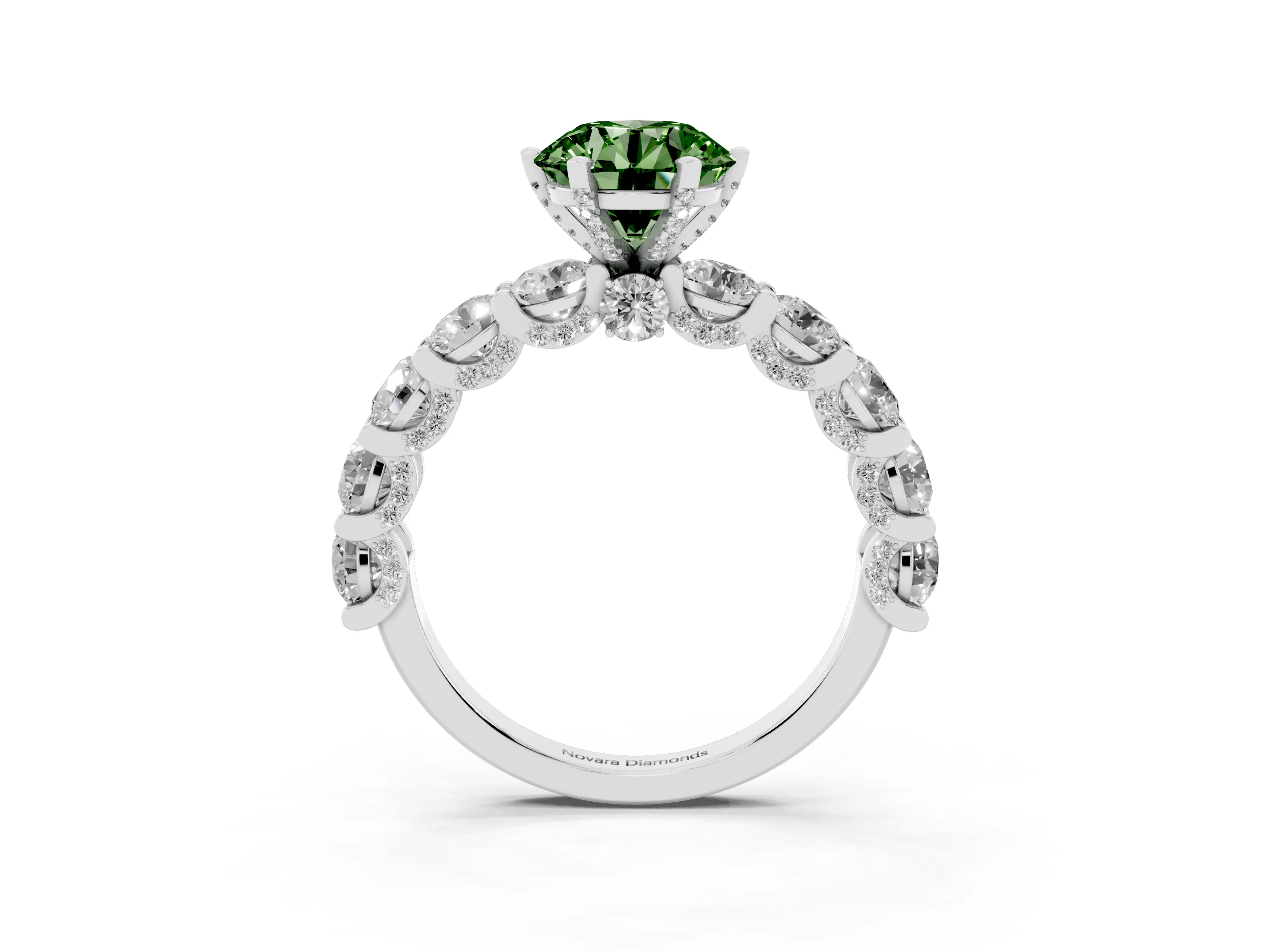 Fancy Green Round Cut Diamond Side Stone Ring Set in Silver with Alternating Round and Oval Side Stones