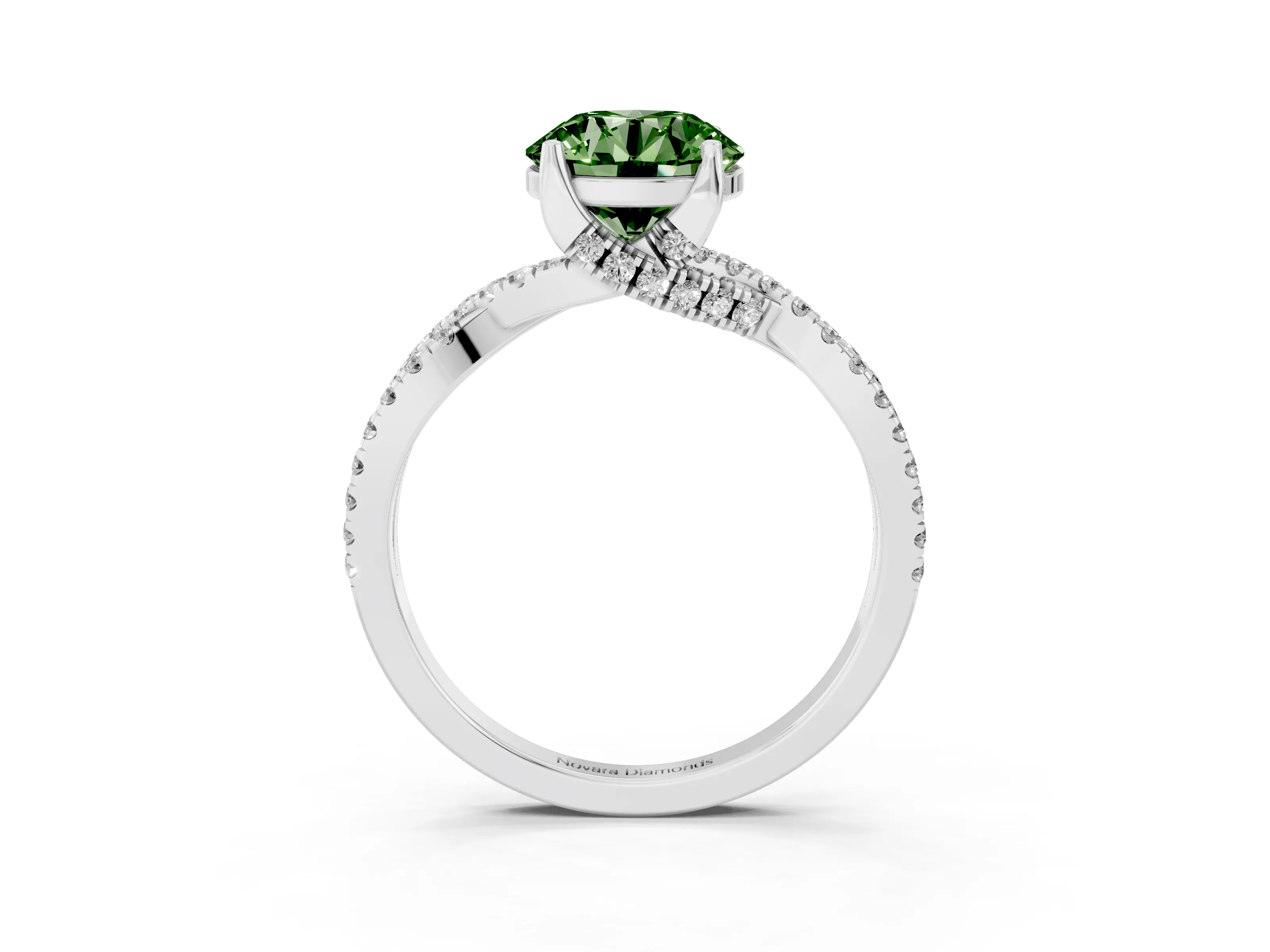Fancy Green Round Cut Diamond Twist Pavé Solitaire Engagement Ring Set in Silver with Prong Setting