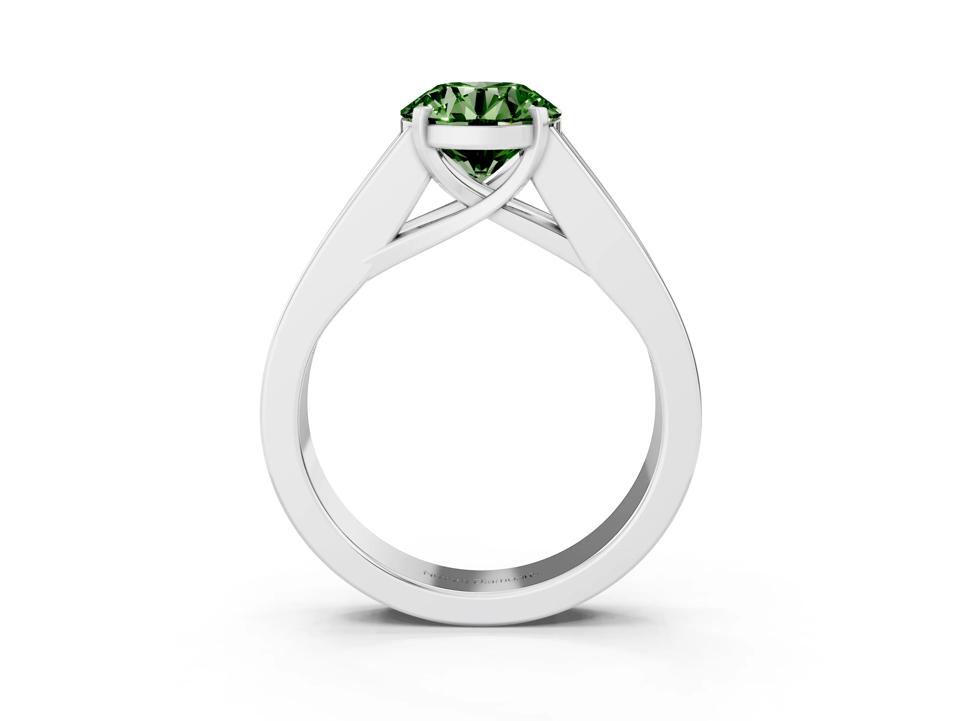 Fancy Green Round Cut Diamond Solitaire Ring Set in Silver with Channel-Set Accent Stones and Prong Setting