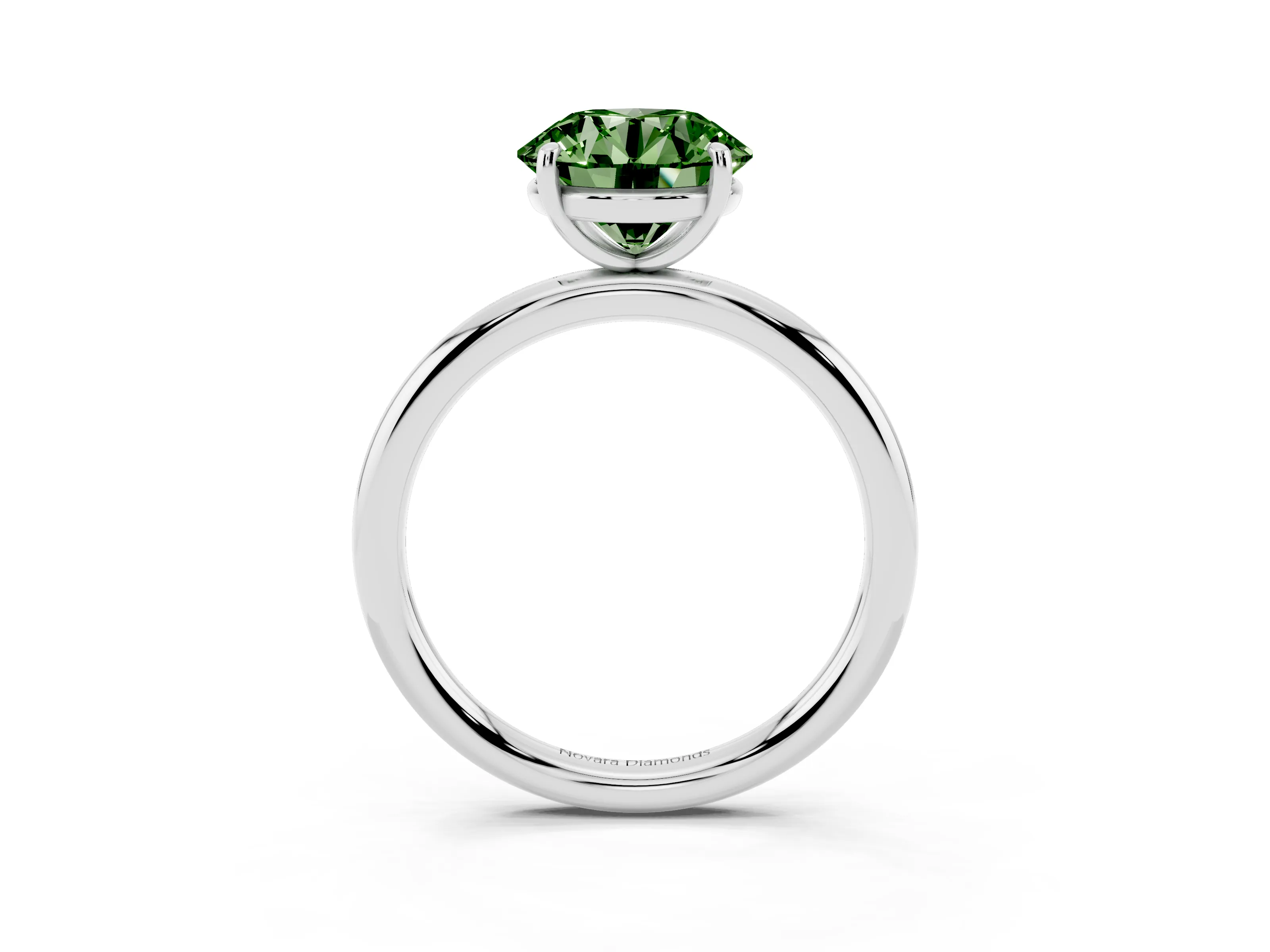 Fancy Green Round Cut Diamond Solitaire Ring Set in Platinum with Prong Setting on a Polished Plain Band
