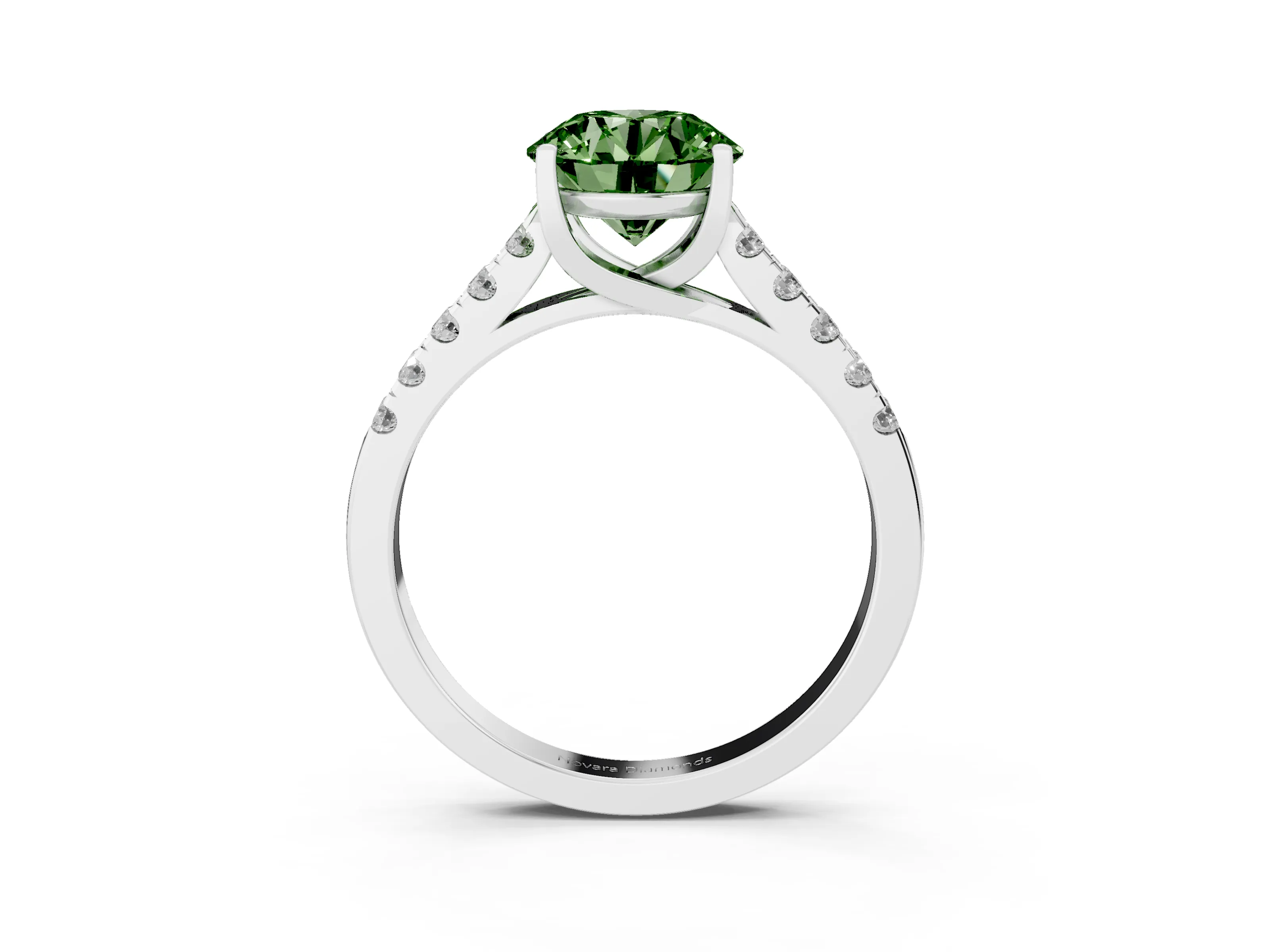 Fancy Green Round Cut Diamond Pavé Band Solitaire Ring Set in Platinum with Partway Accent Stones and Prong Setting