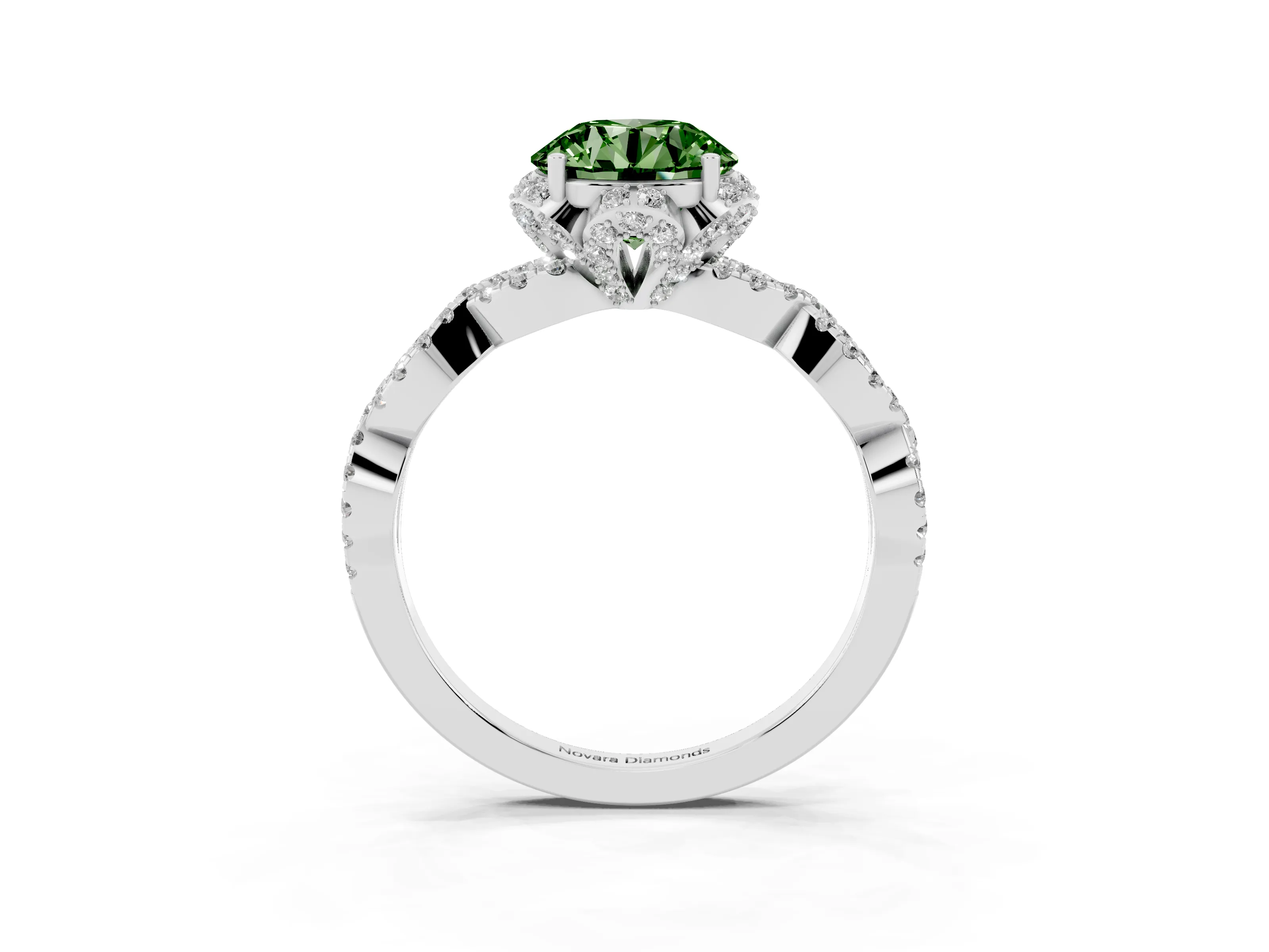 Fancy Green Round Cut Diamond Halo Twist Band Solitaire Ring Set in White gold with Prong-Set Center Stone