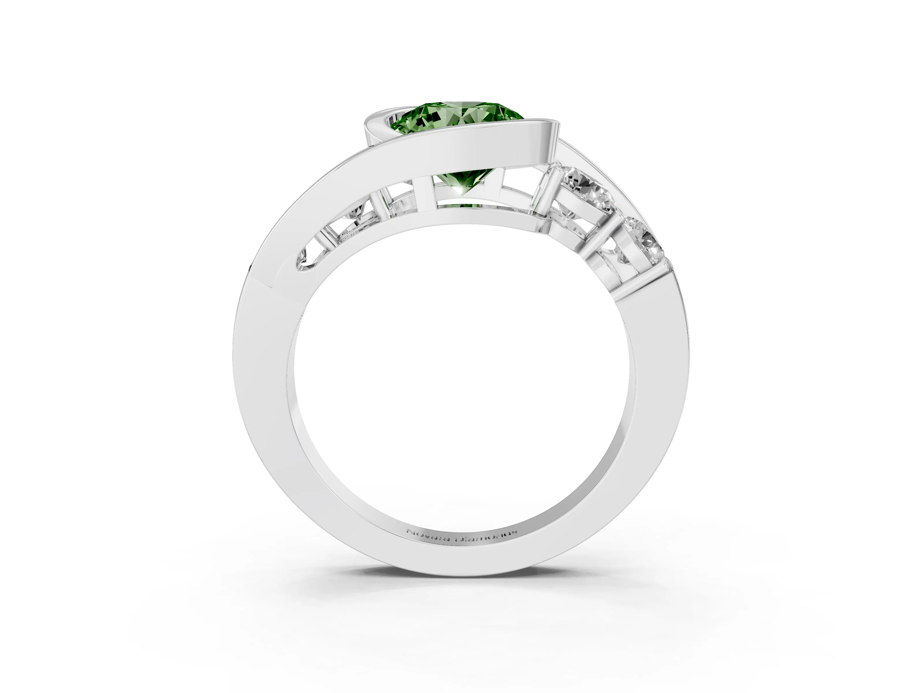 Fancy Green Round Cut Diamond Bezel Bypass Ring Set in Silver with Round Accents