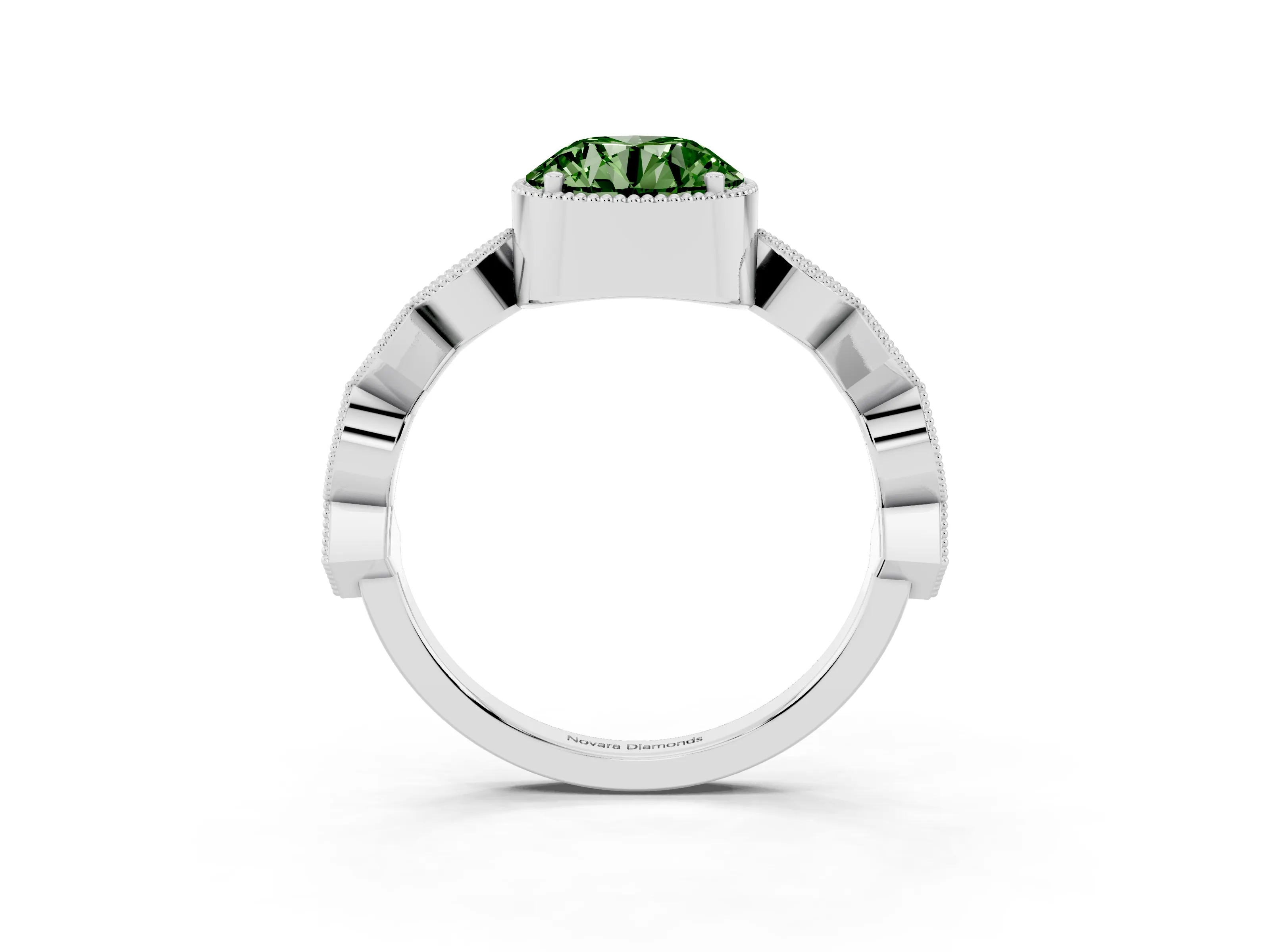 Fancy Green Round Cut Diamond Milgrain Marquise Twist Band Ring Set in Silver with Prong Setting