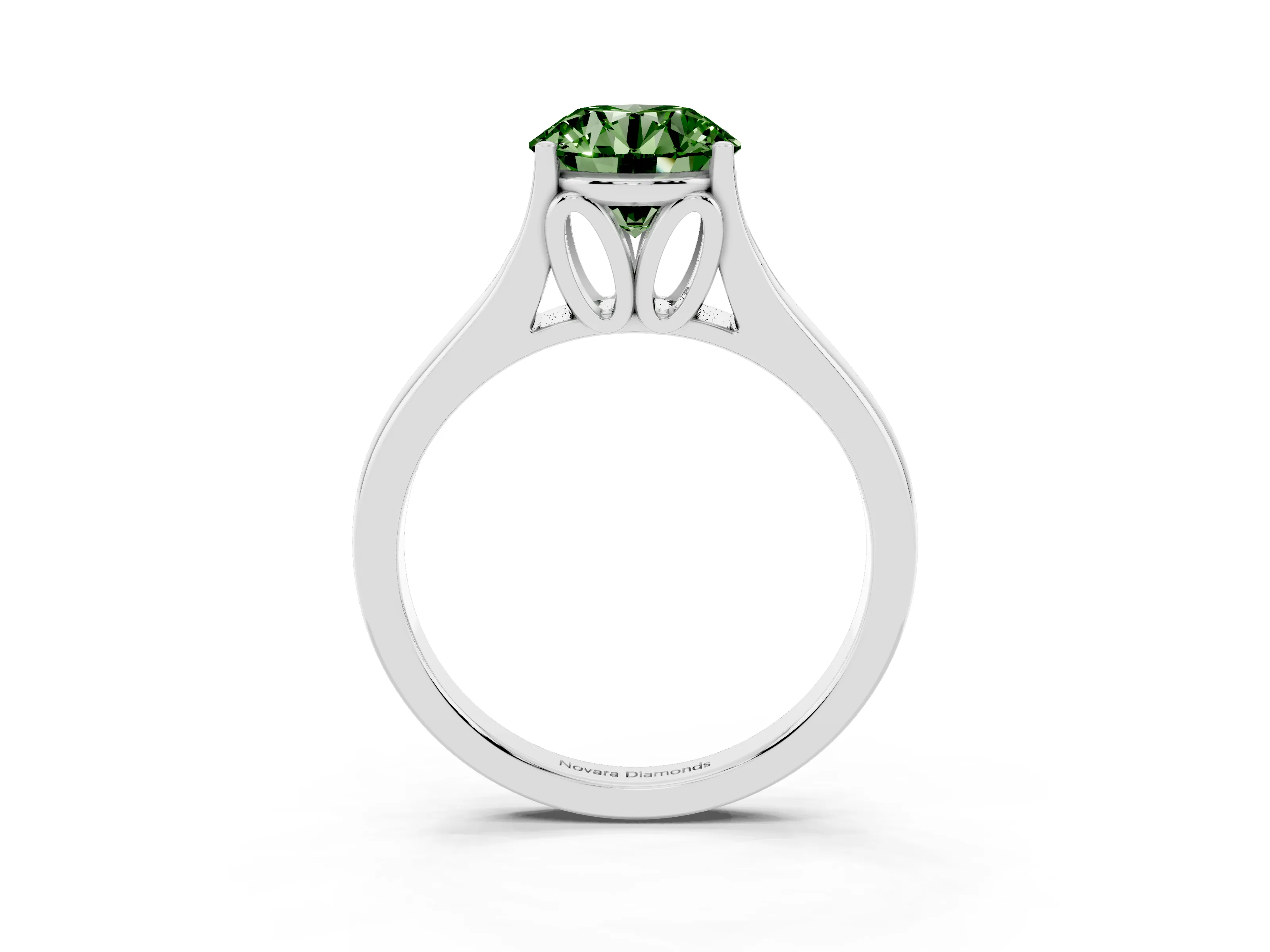 Fancy Green Round Cut Diamond Solitaire Ring Set in Platinum with Arched Cathedral Band and Prong Setting