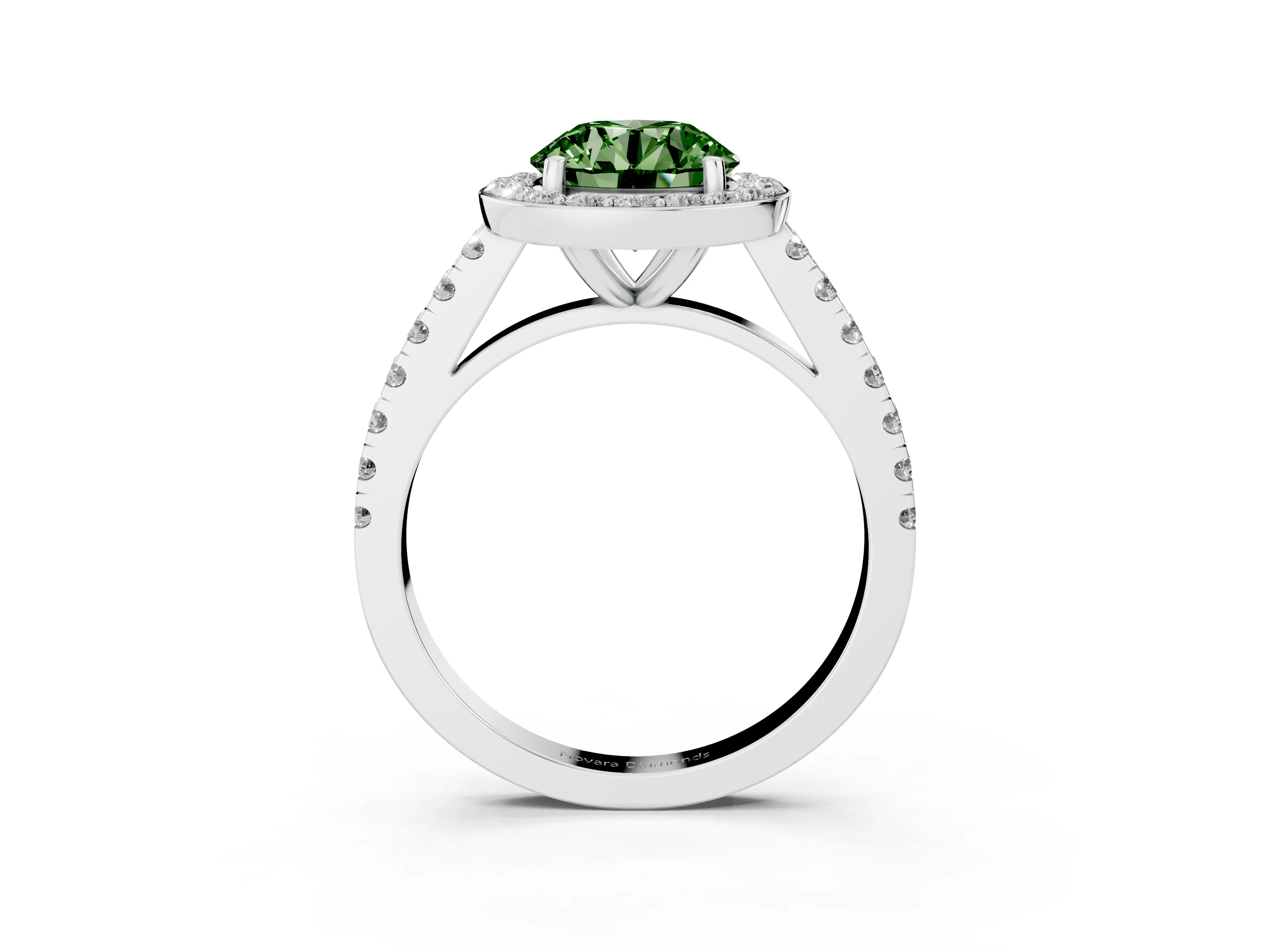 Fancy Green Round Cut Diamond Halo Ring Set in White gold with Round Pavé Split Shank and Prong Setting