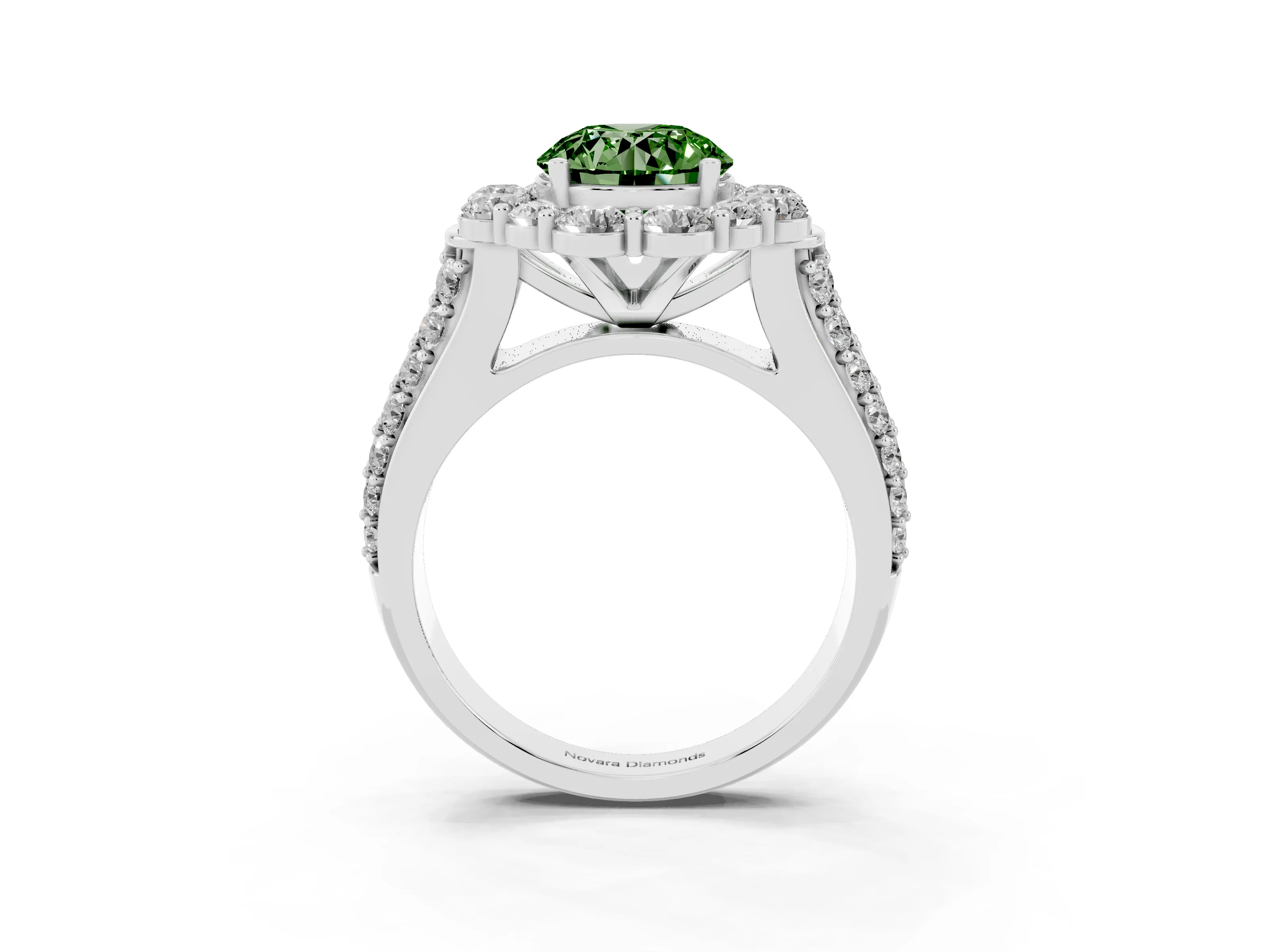 Fancy Green Round Cut Diamond Halo Engagement Ring Set in White gold with Split Shank and Prong Setting