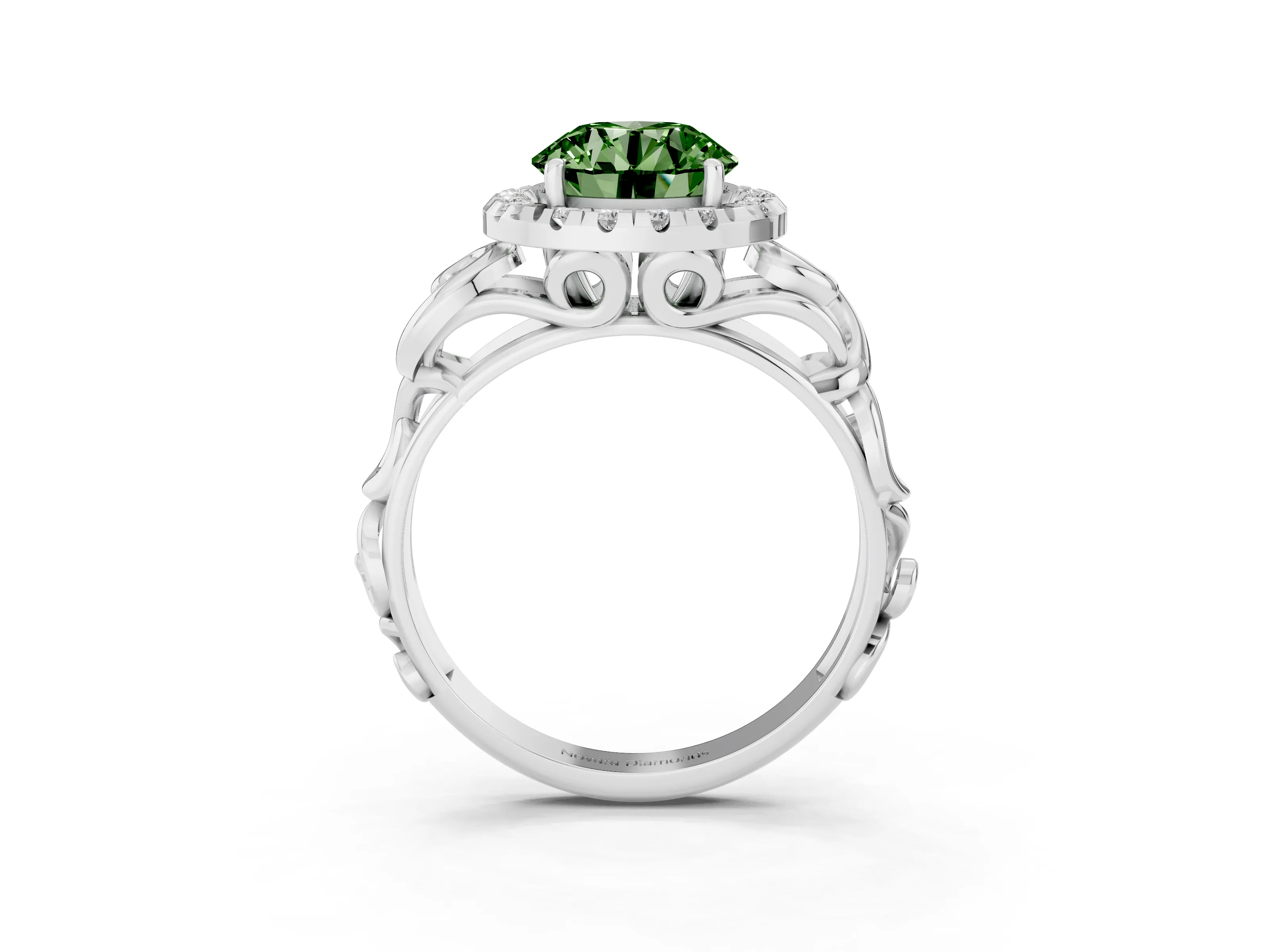 Fancy Green Round Cut Diamond Halo Ring Set in Platinum with Scrollwork Band and Prong Setting