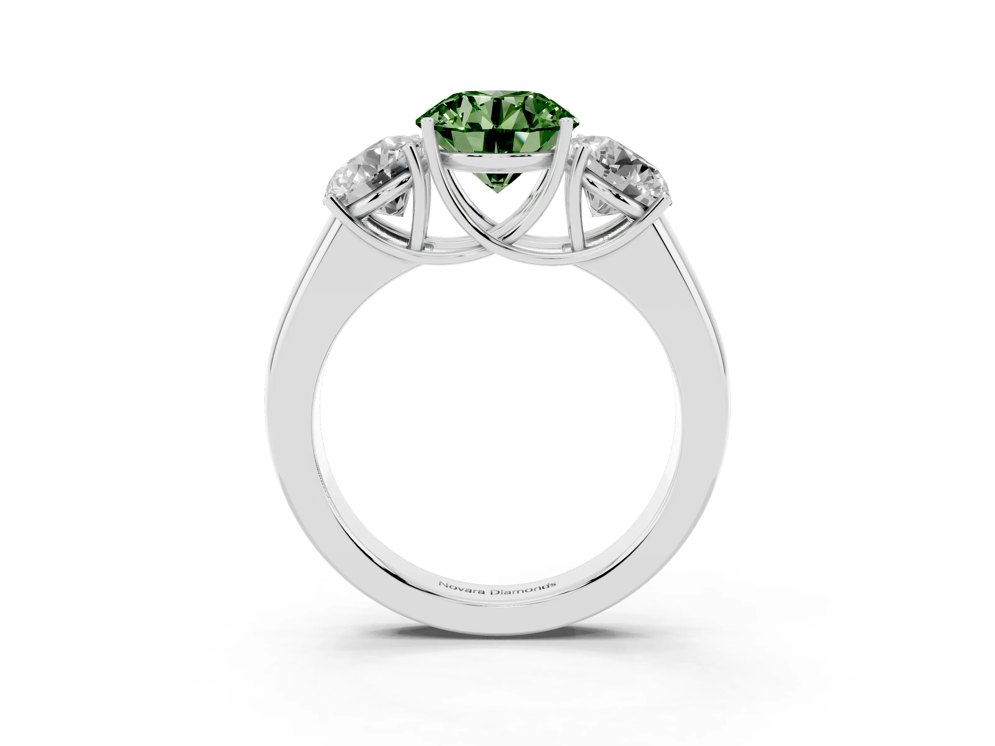 Fancy Green Three-Stone Round Cut Diamond Ring Set in Silver with Matching Prong Settings and Plain Band
