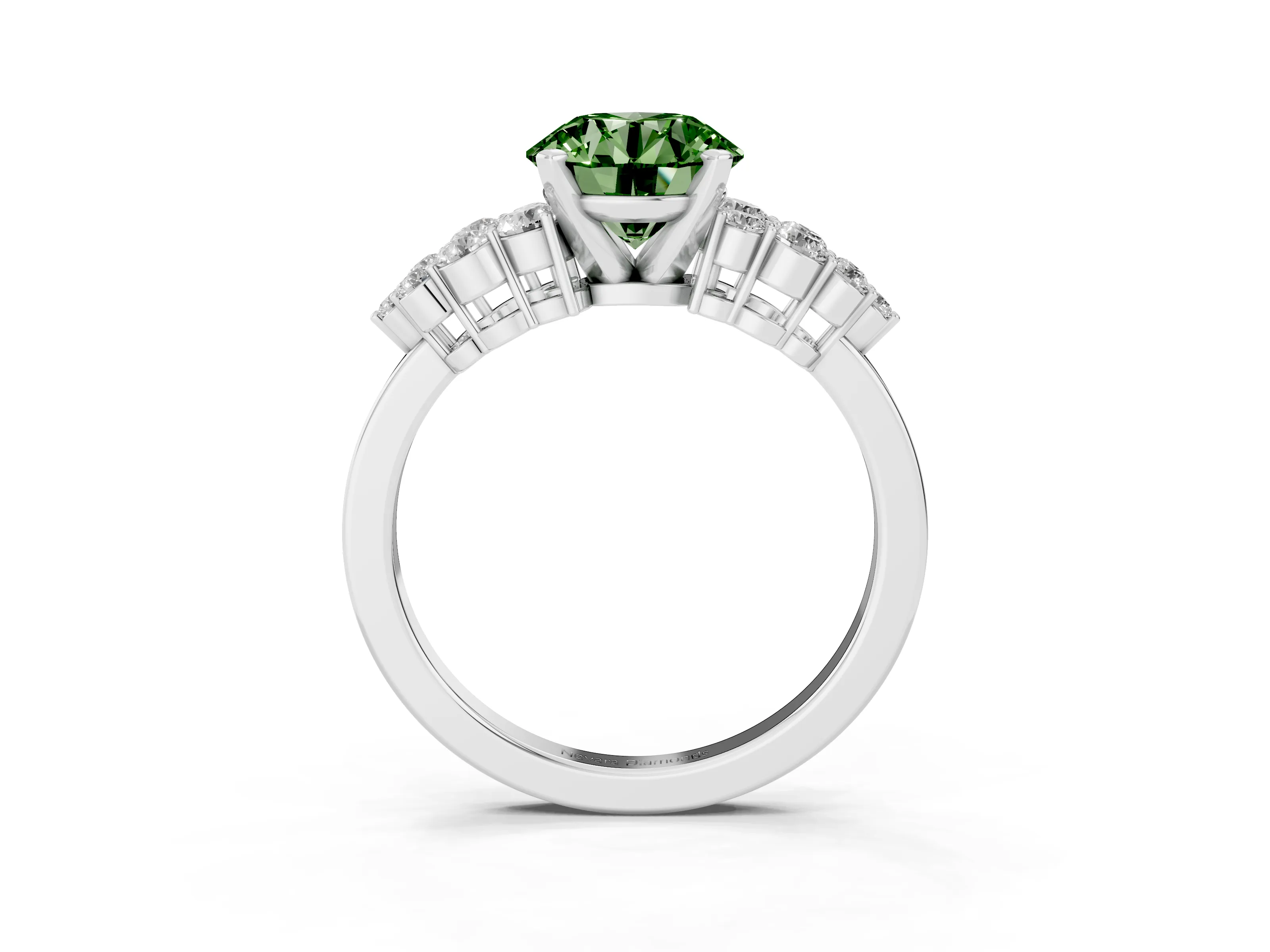 Fancy Green Round Cut Diamond Cluster Engagement Ring Set in White gold with Pavé Band and Prong Setting