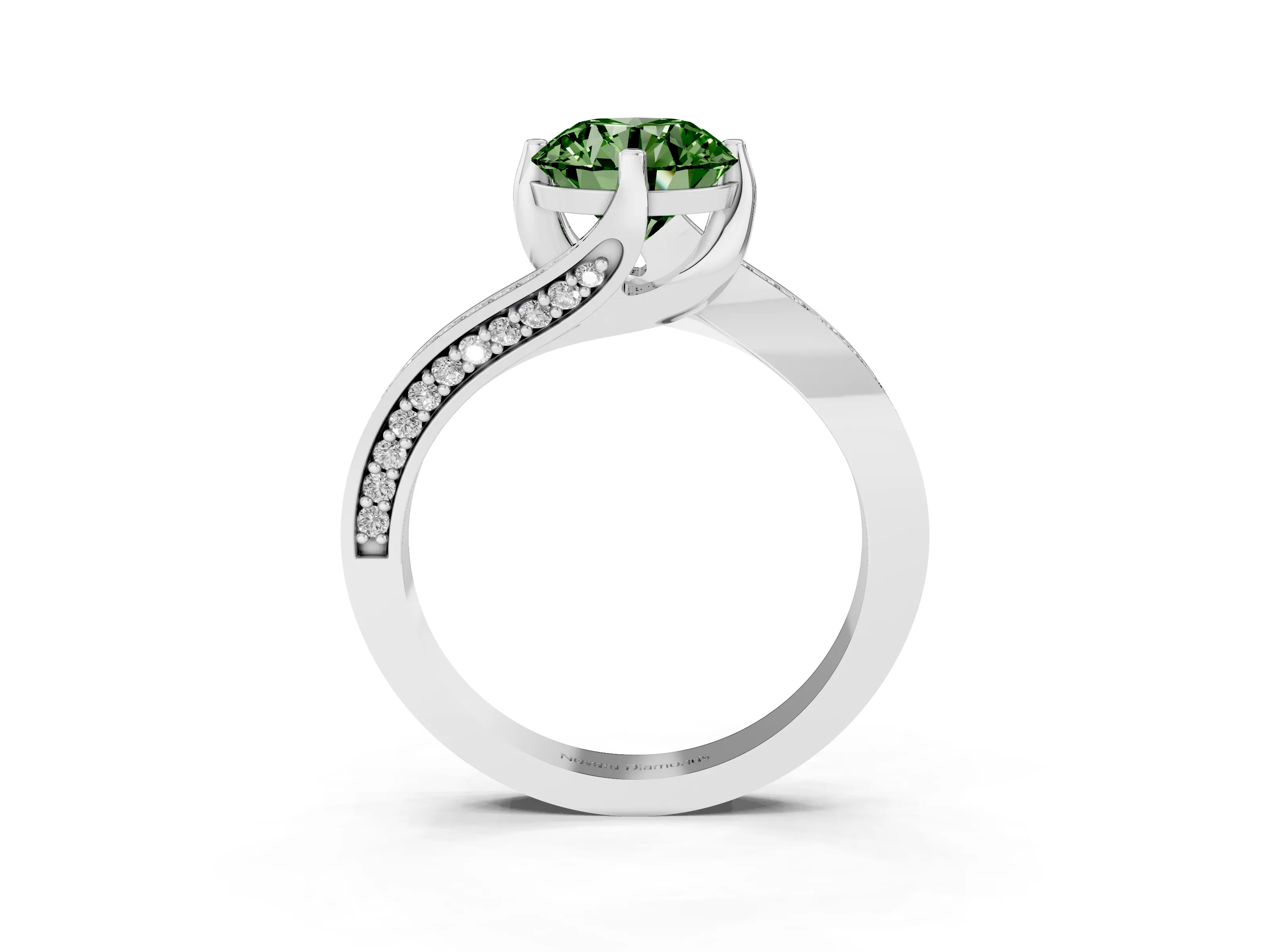 Fancy Green Round Cut Diamond Solitaire Ring Set in White gold with Intertwined Pavé Twist Band