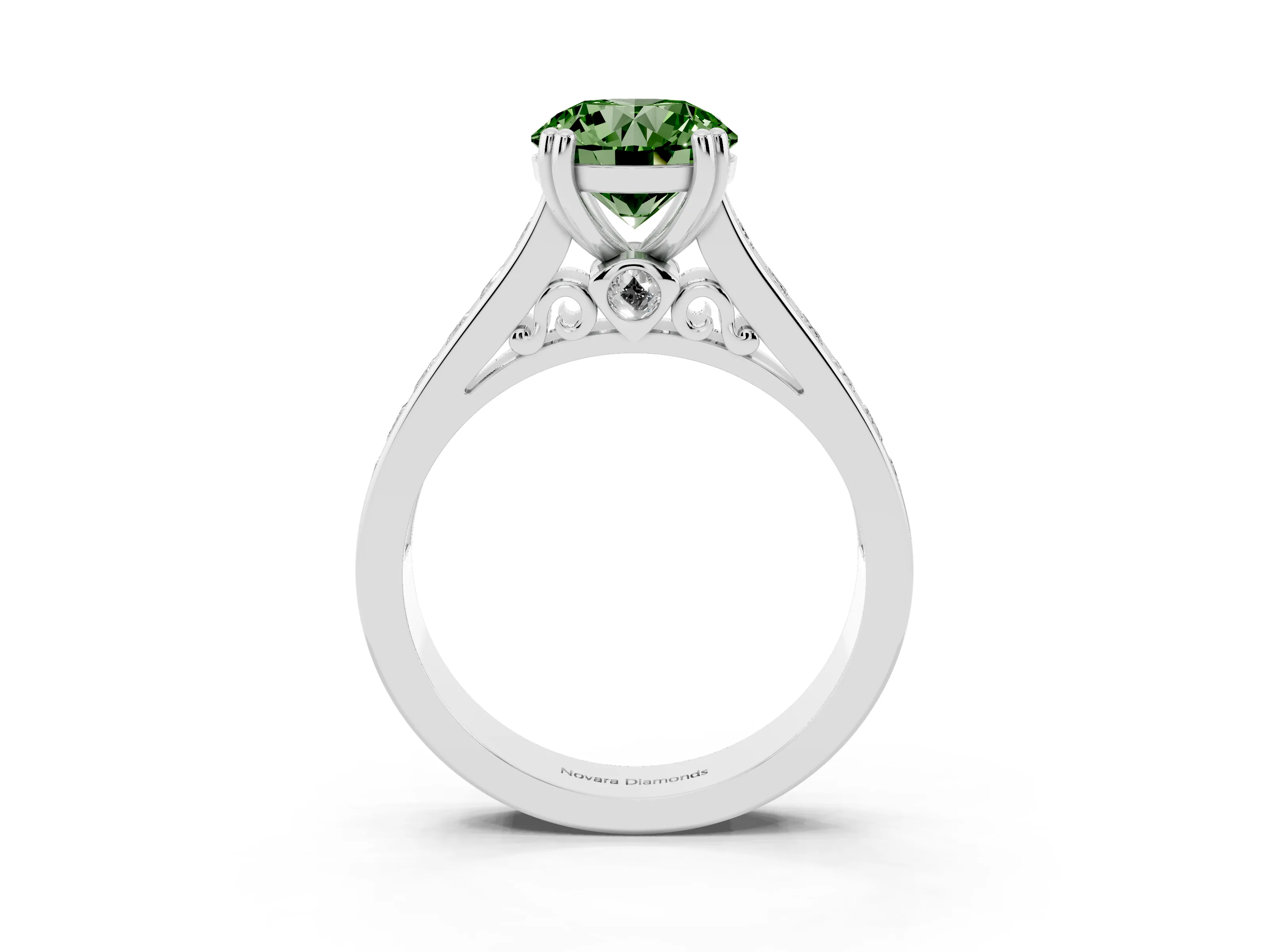 Fancy Green Round Cut Diamond Channel Set Solitaire Engagement Ring Set in Silver with Prong Setting