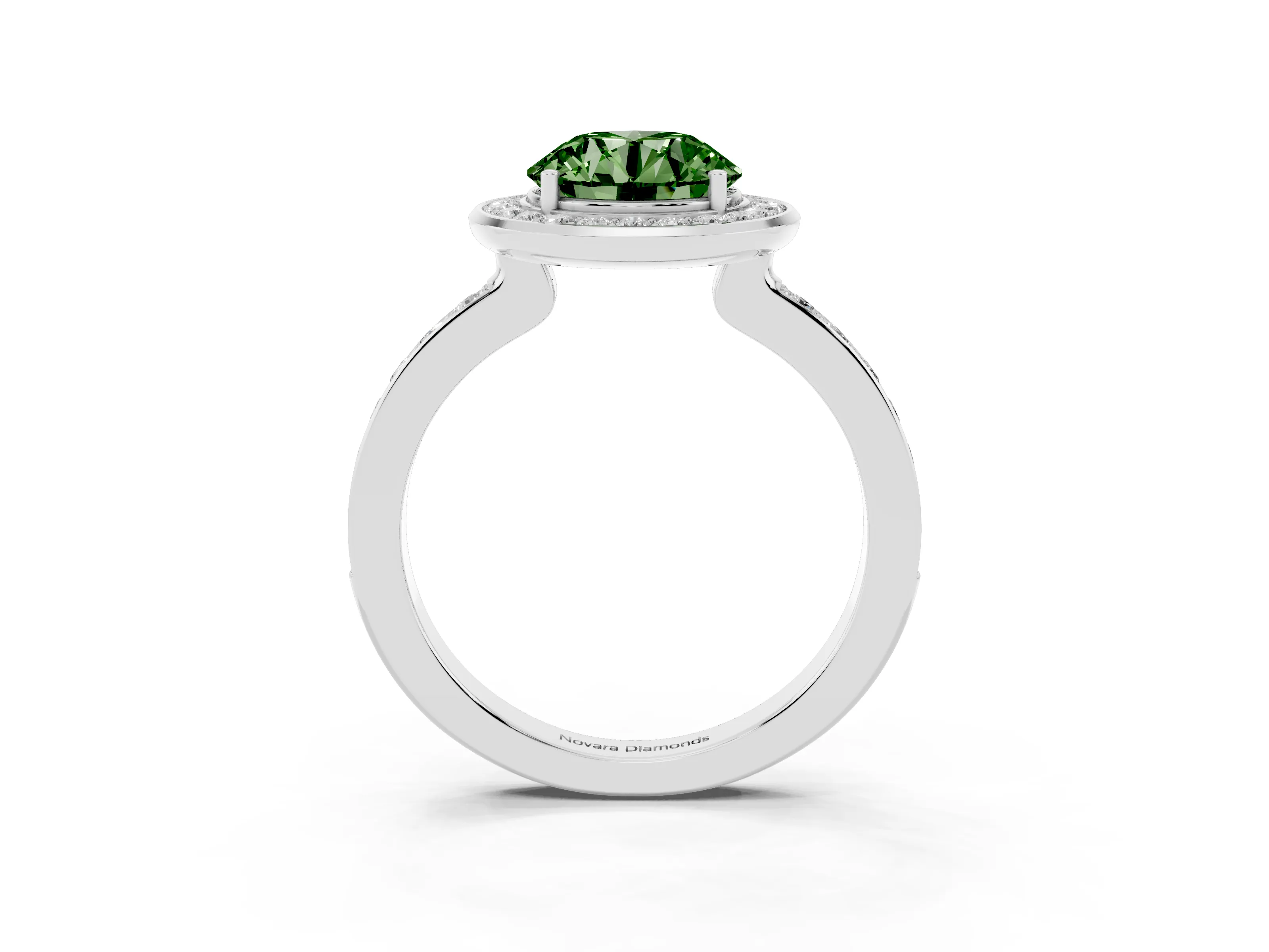 Fancy Green Round Cut Diamond Halo Ring Set in Silver with Bezel Frame and Pavé Band