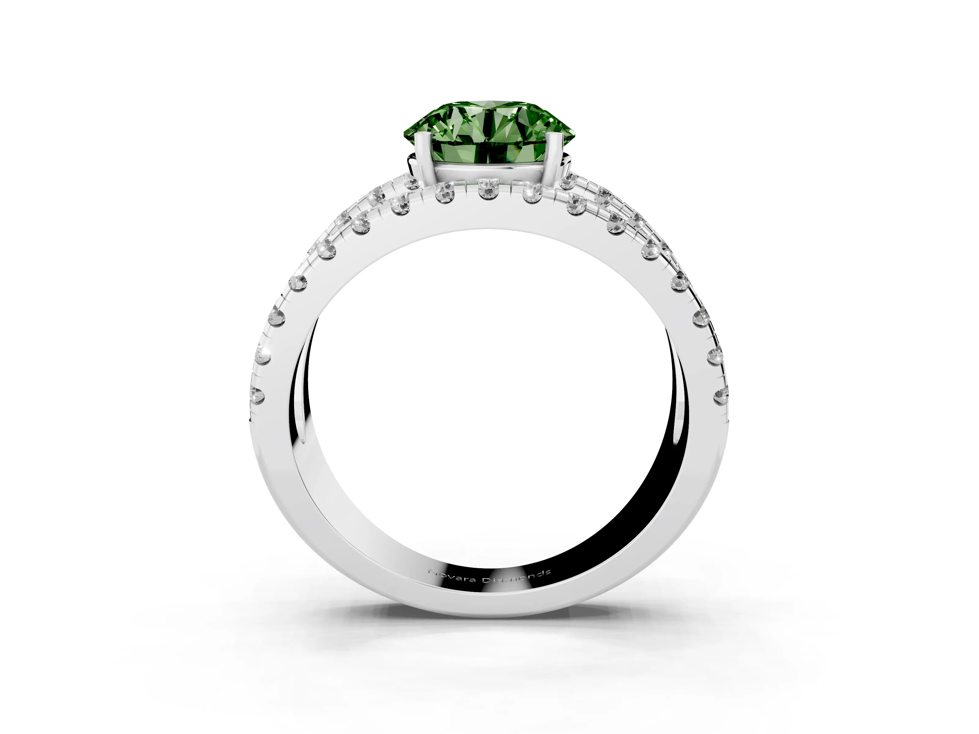 Fancy Green Round Cut Diamond Split Shank Pavé Solitaire Ring Set in Platinum with Open Shank Design