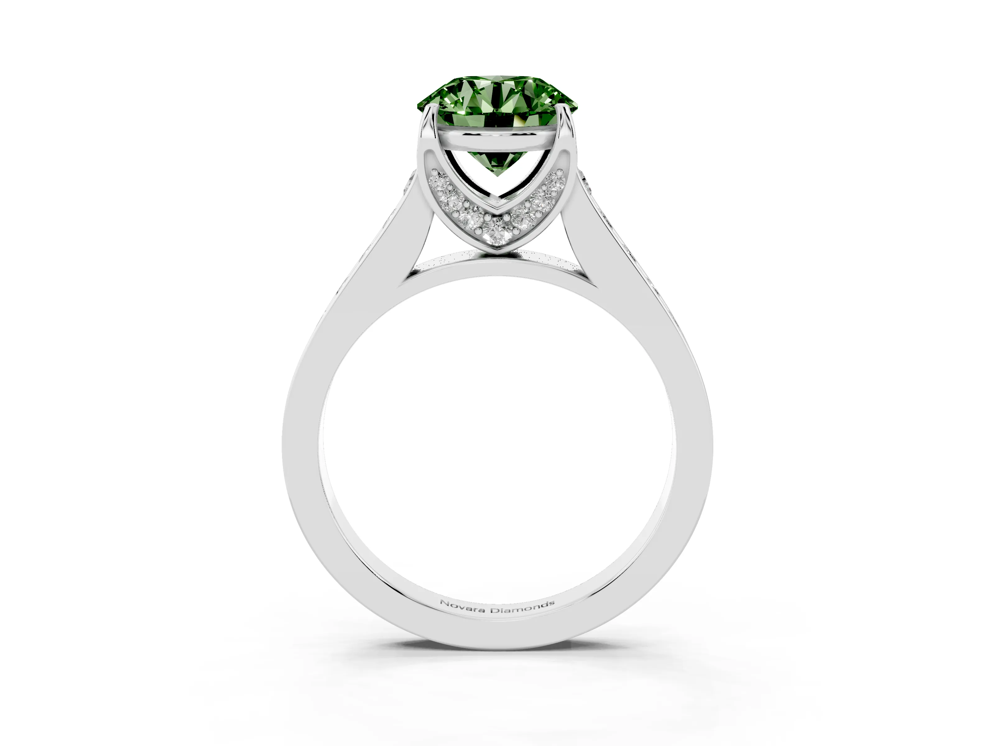 Fancy Green Round Cut Diamond Solitaire Pavé Engagement Ring Set in White gold with Prong Setting