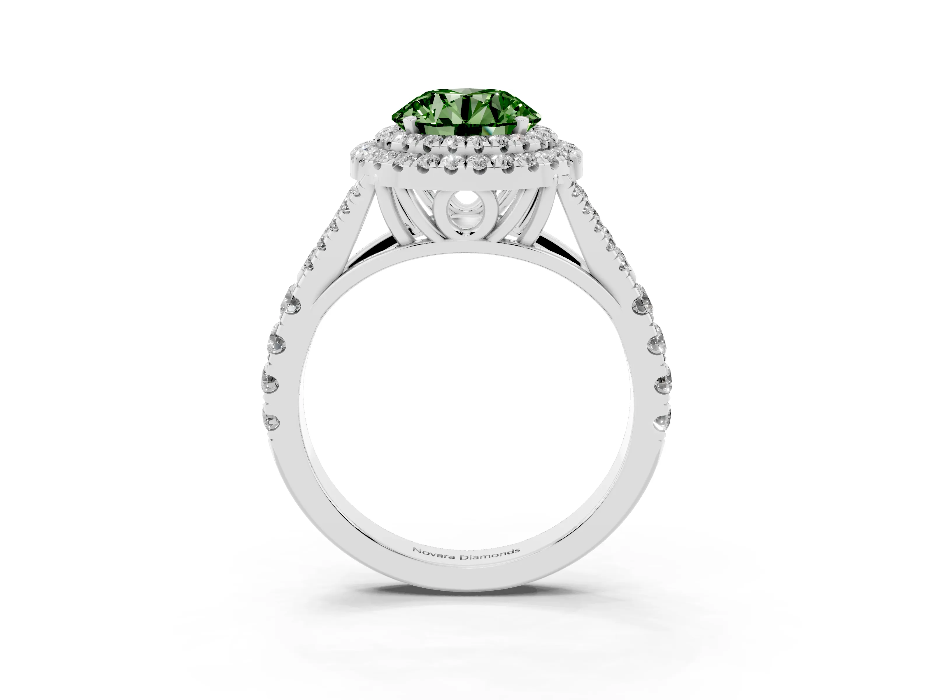 Fancy Green Round Cut Diamond Pavé Split Shank Double Halo Engagement Ring Set in Platinum