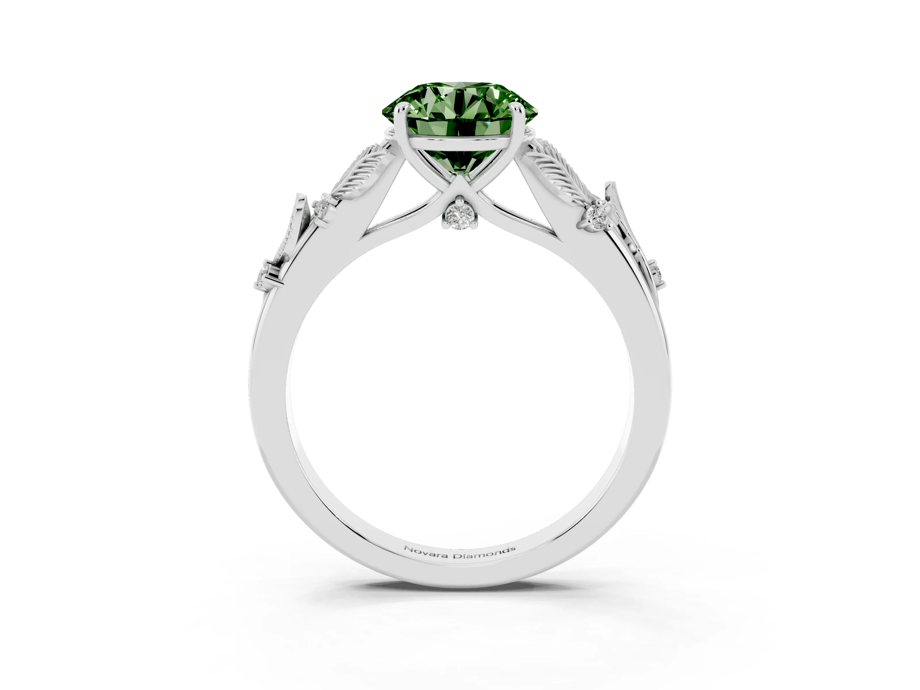 Fancy Green Round Cut Diamond Solitaire Ring Set in Silver with Leaf Motif Band