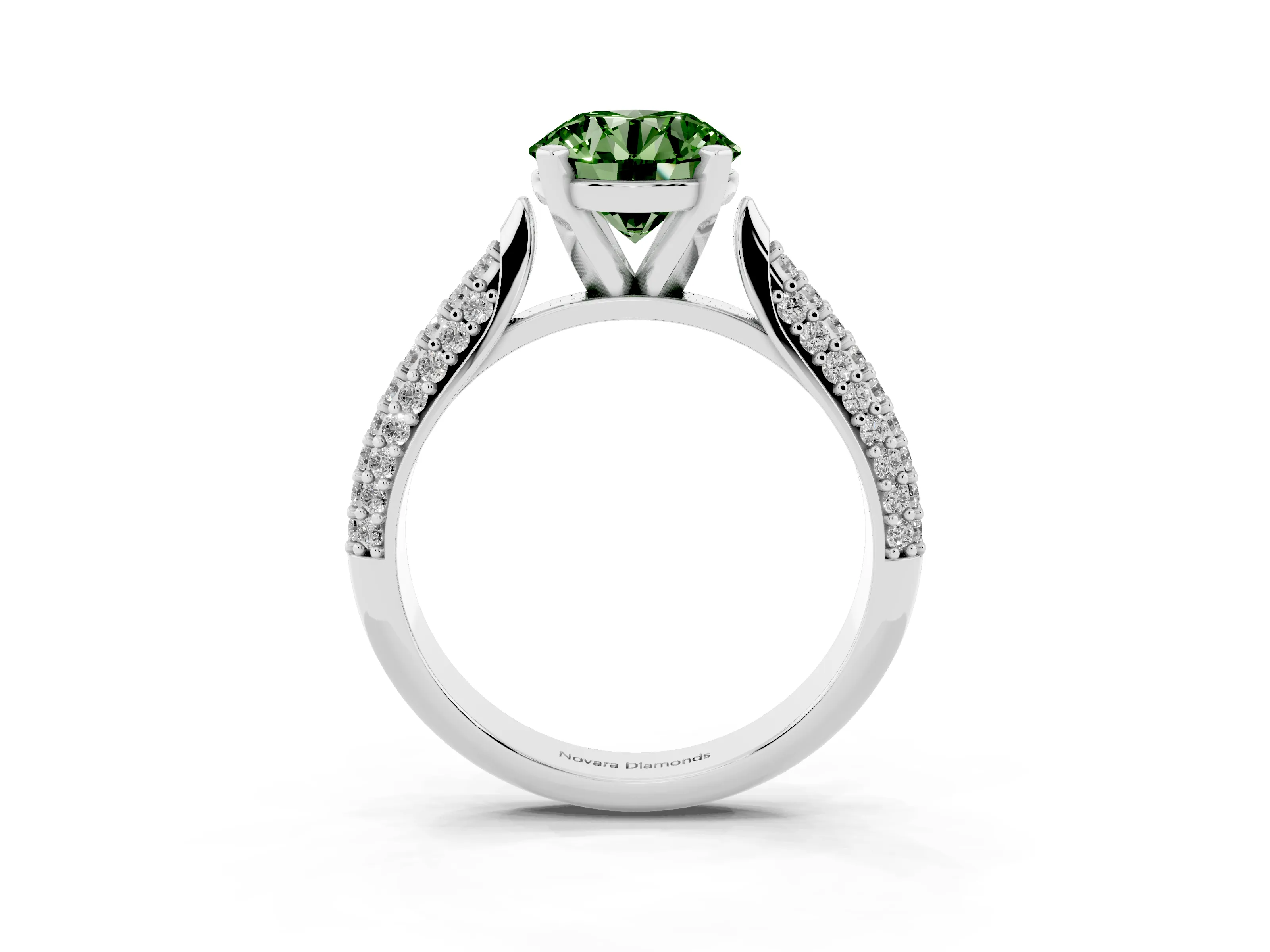 Fancy Green Round Cut Diamond Solitaire Engagement Ring Set in Platinum with Multi-Row Round Pavé Band and Prong Setting