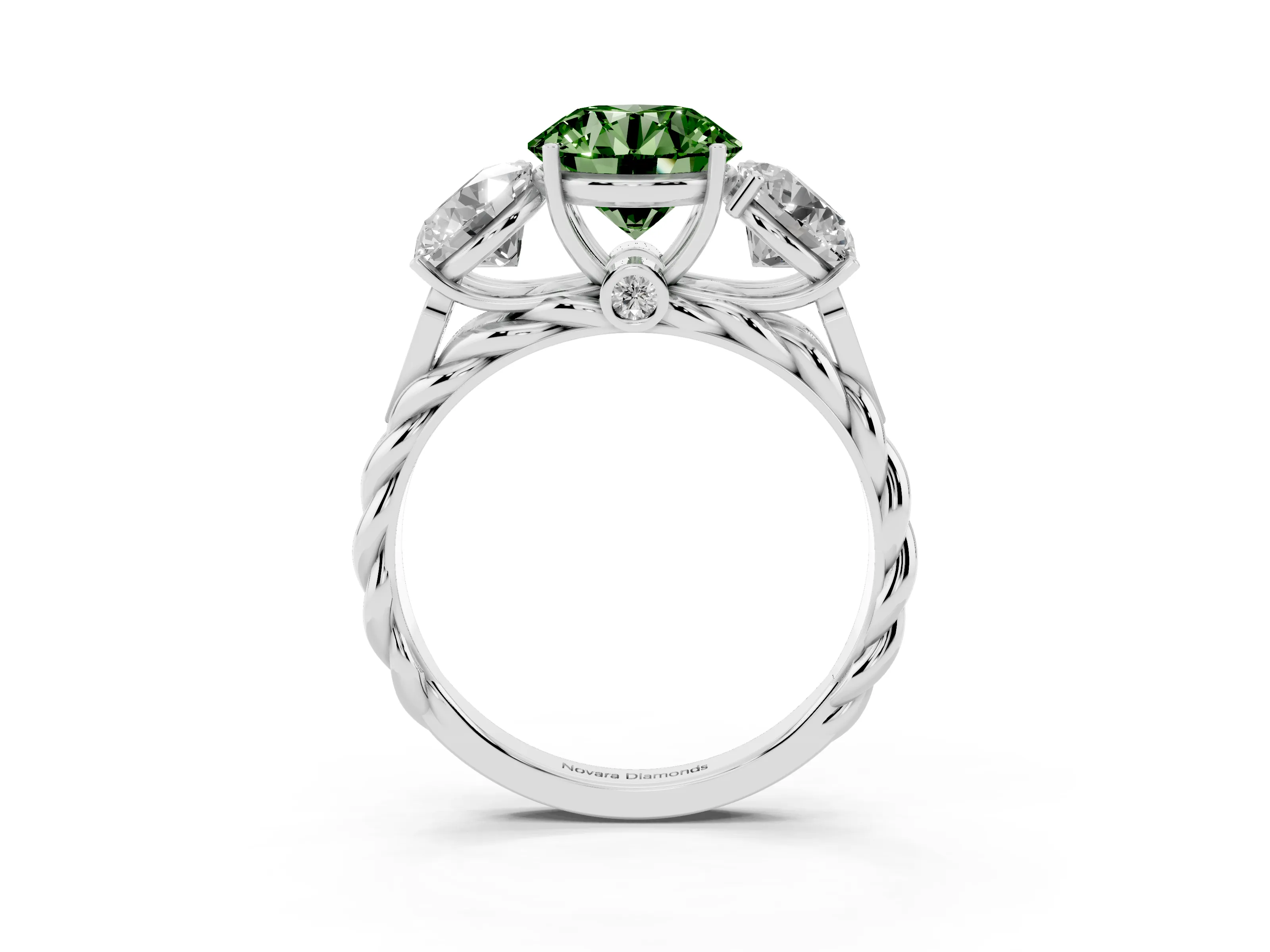 Fancy Green Round Cut Diamond Three-Stone Ring Set in Silver with Braided Band