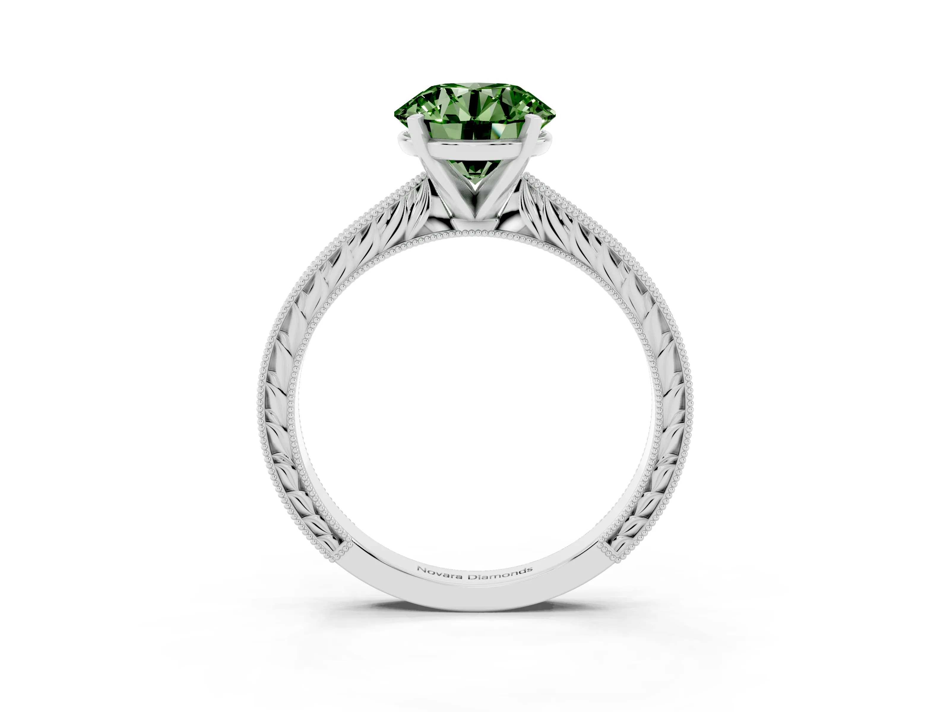 Fancy Green Round Cut Diamond Solitaire Milgrain Engraved Band Set in Platinum with Prong Setting