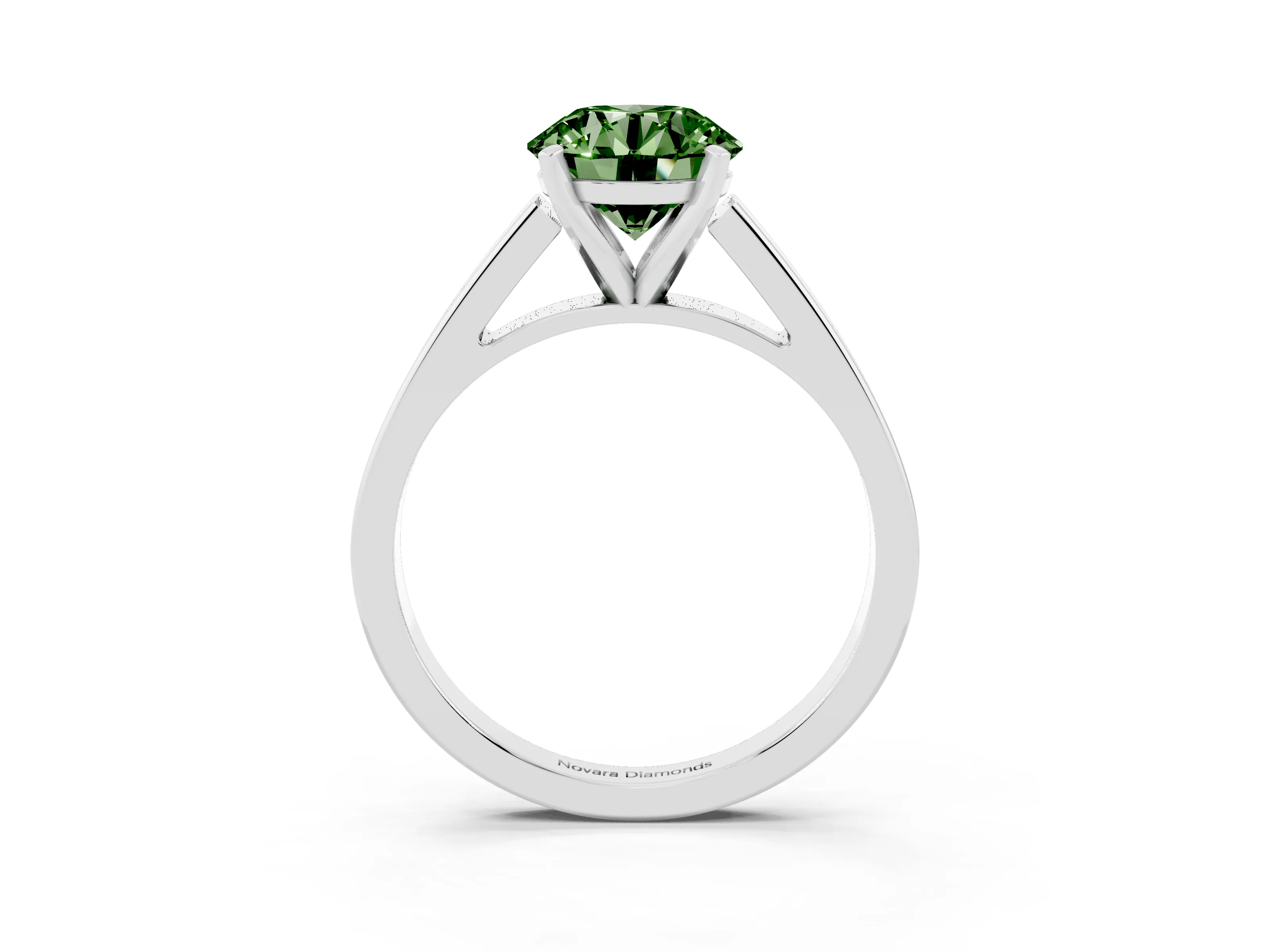 Fancy Green Round Cut Diamond Solitaire Engagement Ring Set in White gold with Prong Setting and Tapered Band