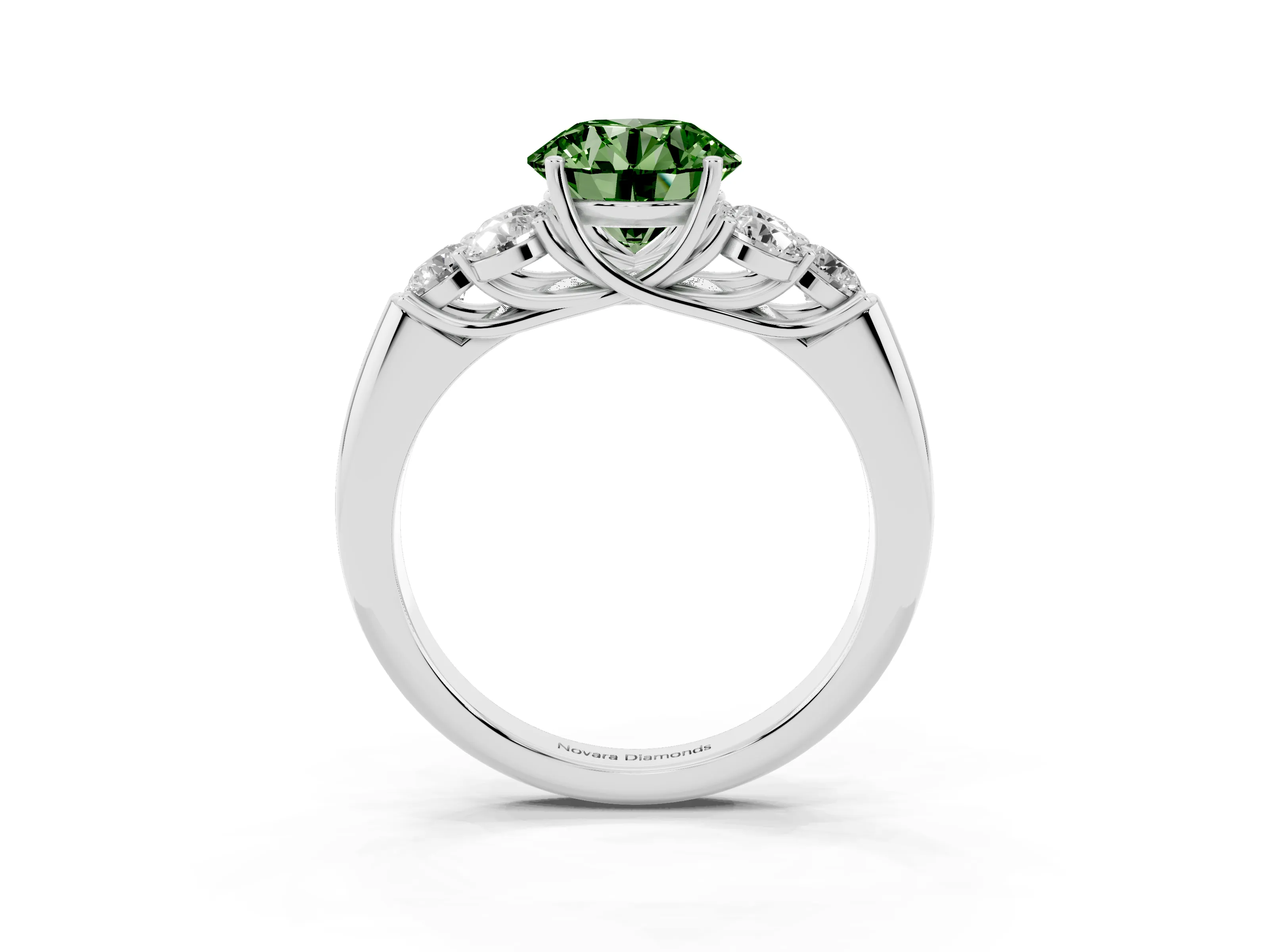 Fancy Green Round Cut Diamond Cluster Ring Set in Platinum with Round Accent Stones and Prong Setting on a Plain Band