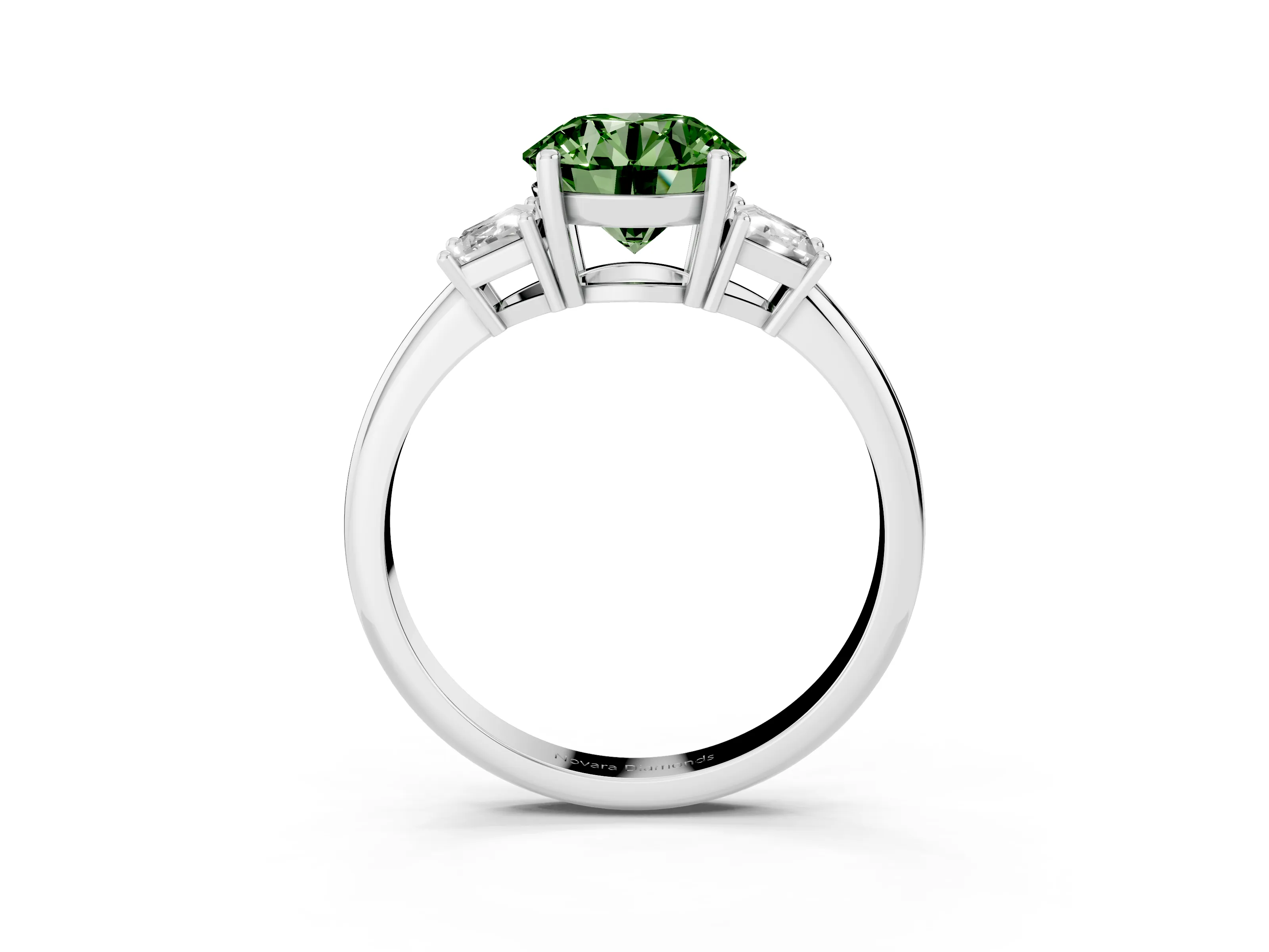 Fancy Green Round Cut Diamond Three-Stone Ring Set in White gold with Trapezoid Side Stones and Prong Setting