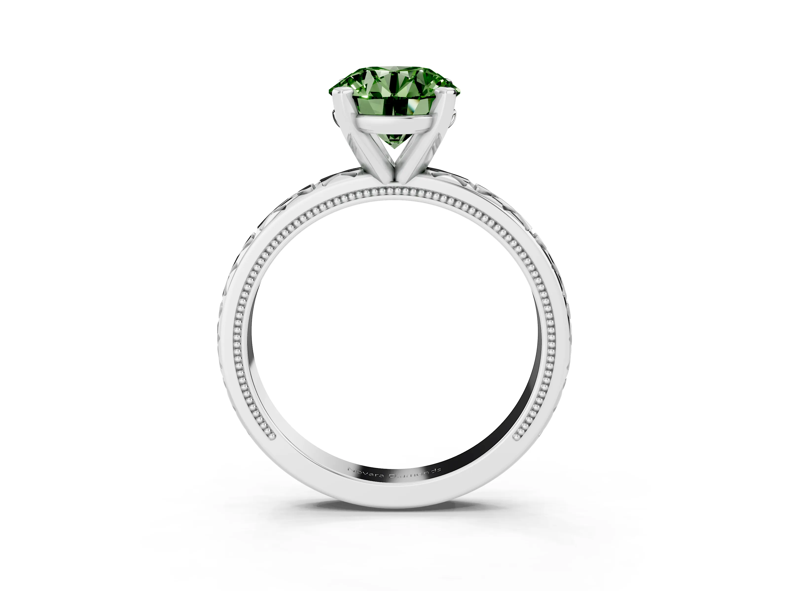 Fancy Green Round Cut Diamond Solitaire Engagement Ring Set in White gold with XO Engraved Band and Prong Setting