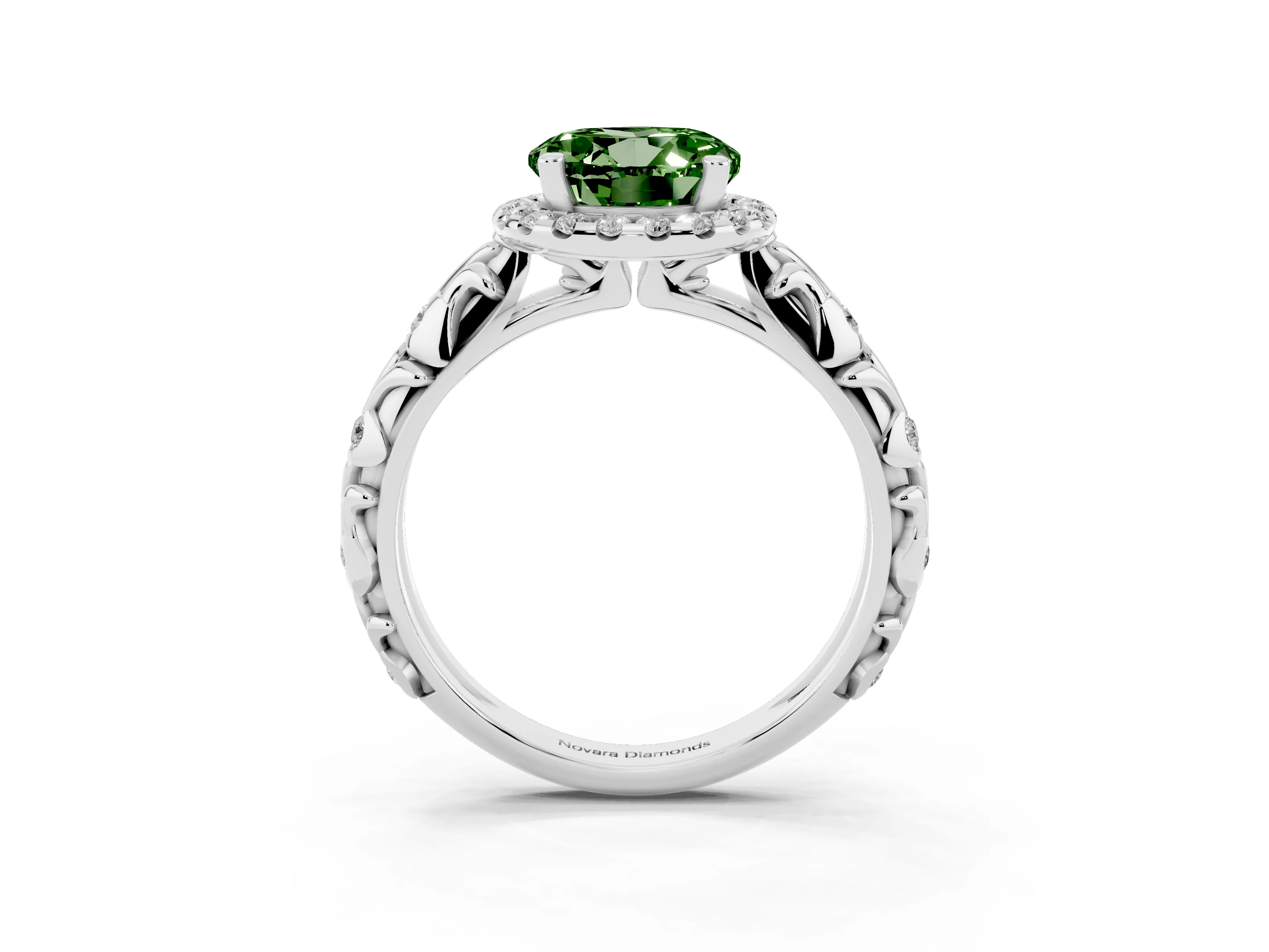 Fancy Green Round Cut Diamond Halo Ring Set in Platinum with Filigree Leaf Band and Prong Setting
