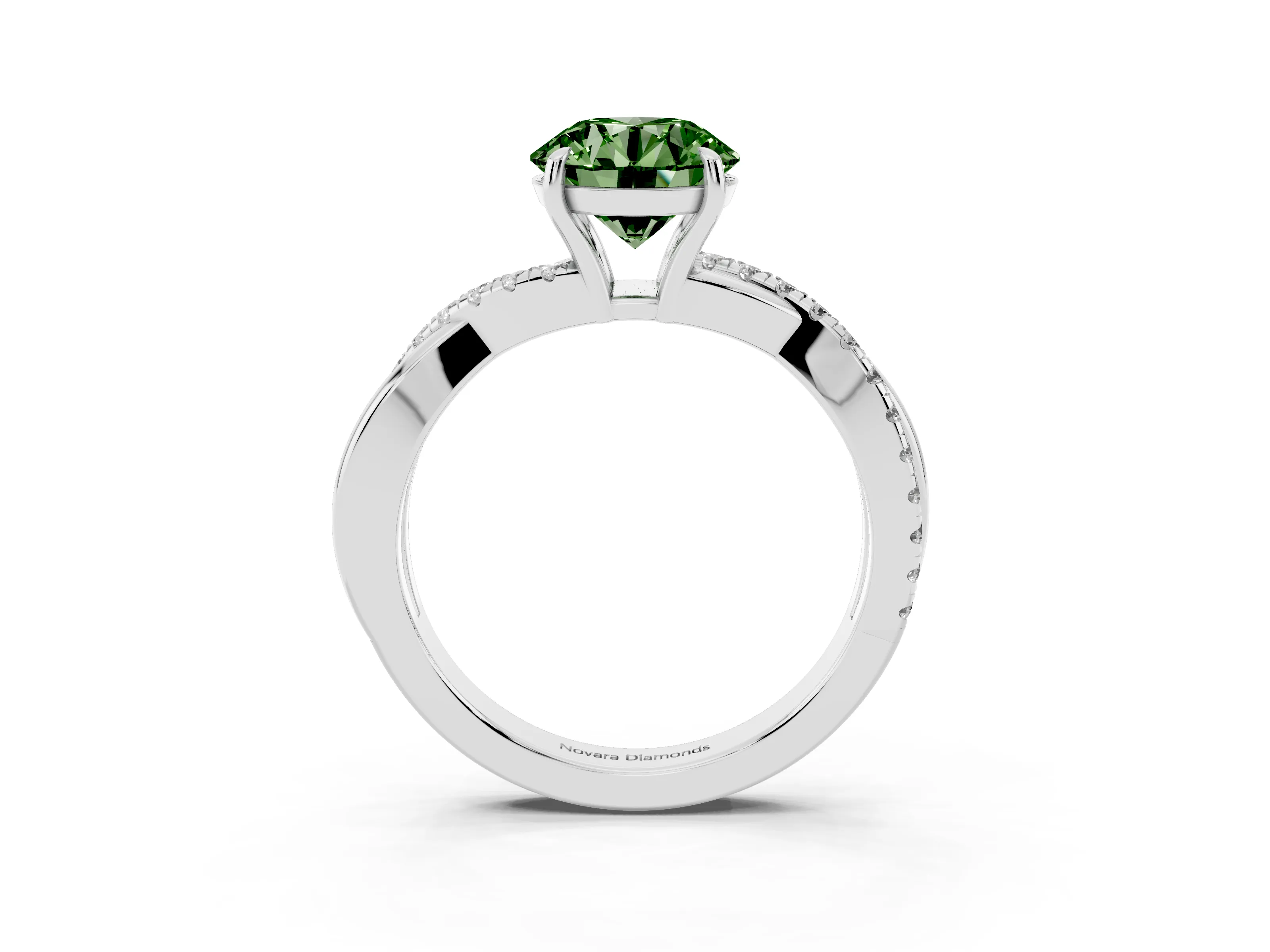 Fancy Green Round Cut Diamond Twisted Pavé Band Ring Set in Silver with Prong Setting