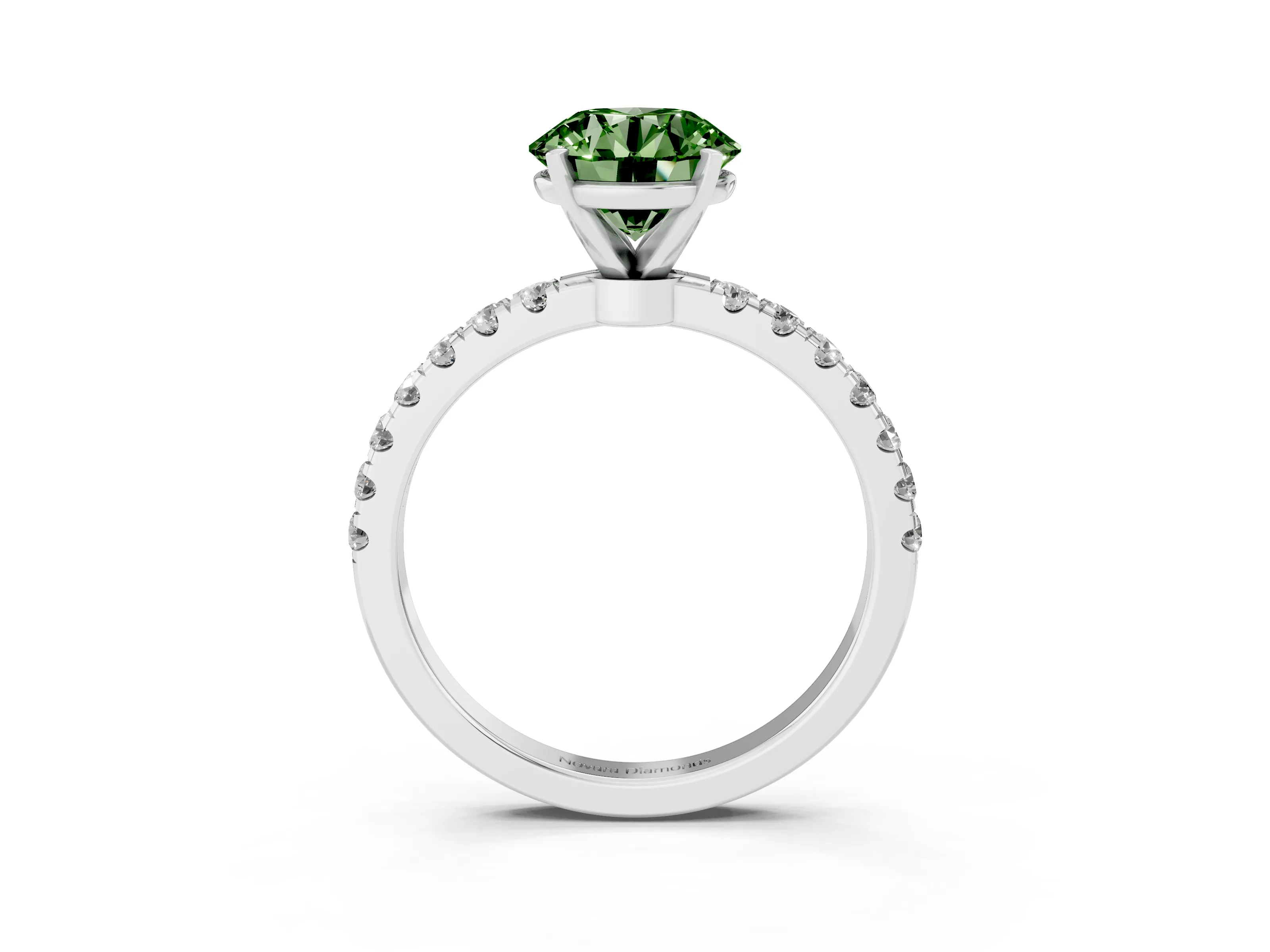 Fancy Green Round Cut Diamond Solitaire Ring Set in Silver with Pavé Accents and Prong Setting