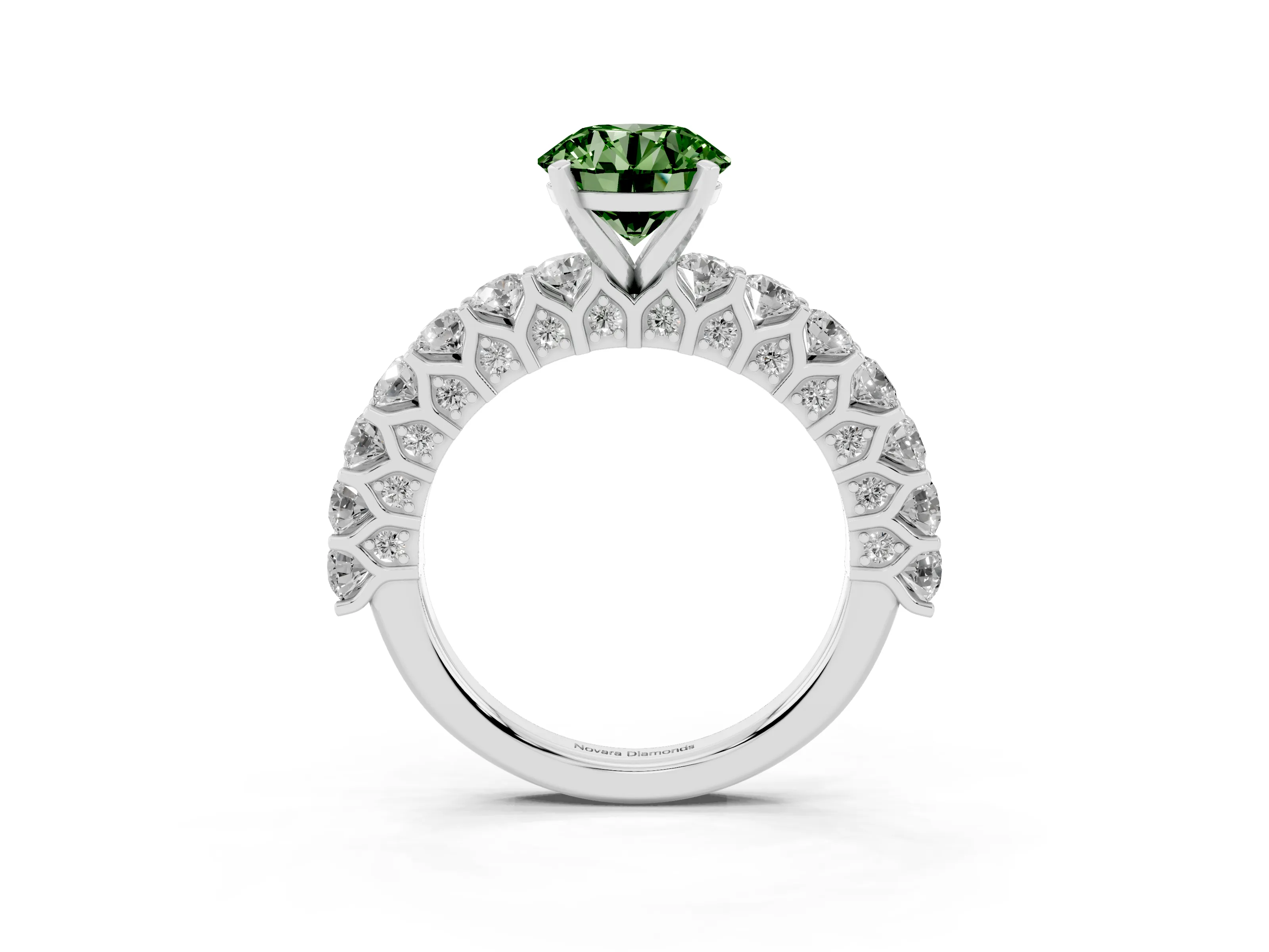 Fancy Green Round Cut Diamond Solitaire Ring Set in Silver with Shared Prong Pavé Band