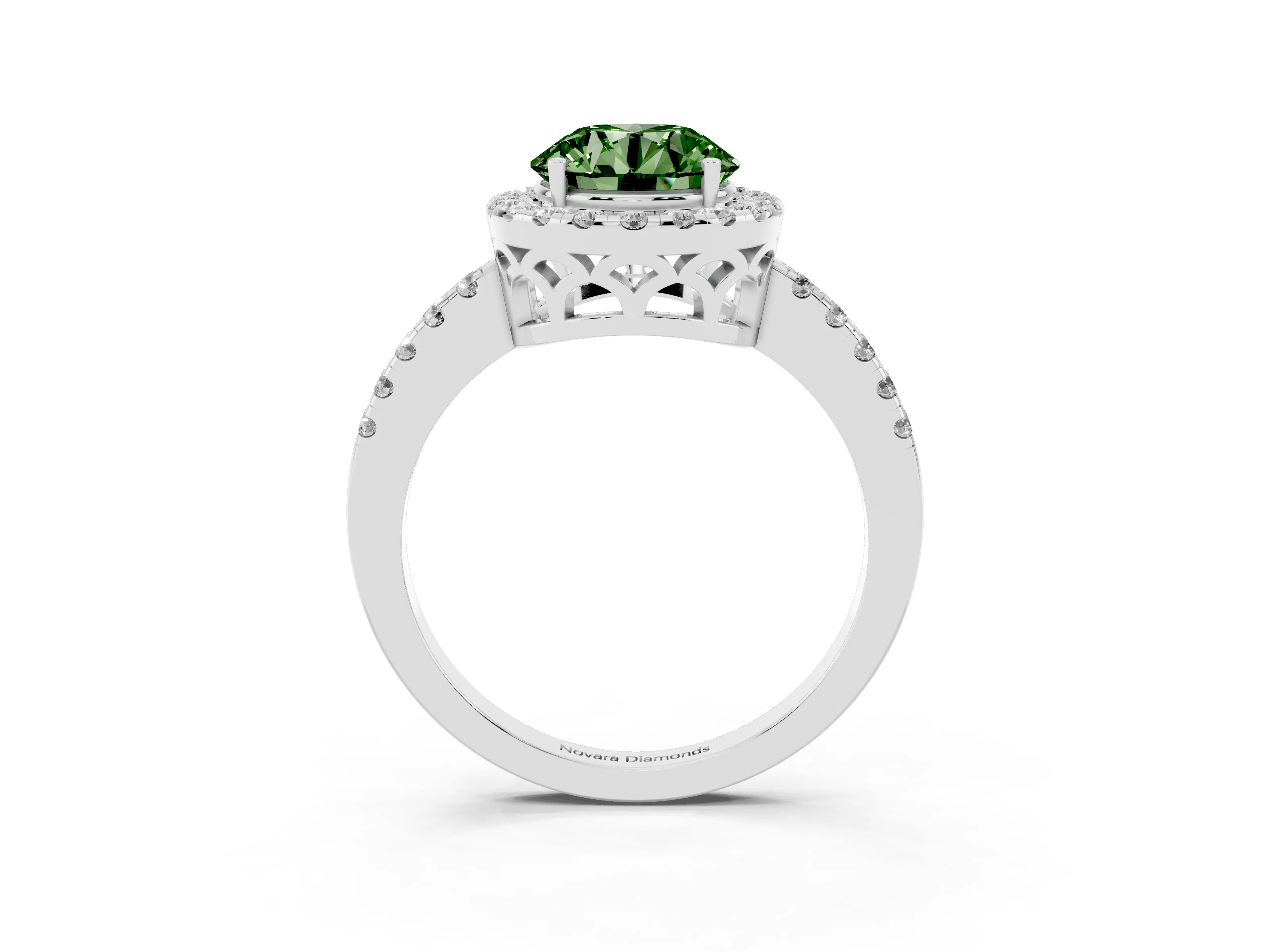 Fancy Green Round Cut Diamond Pavé Band Halo Engagement Ring Set in Platinum with Prong Setting