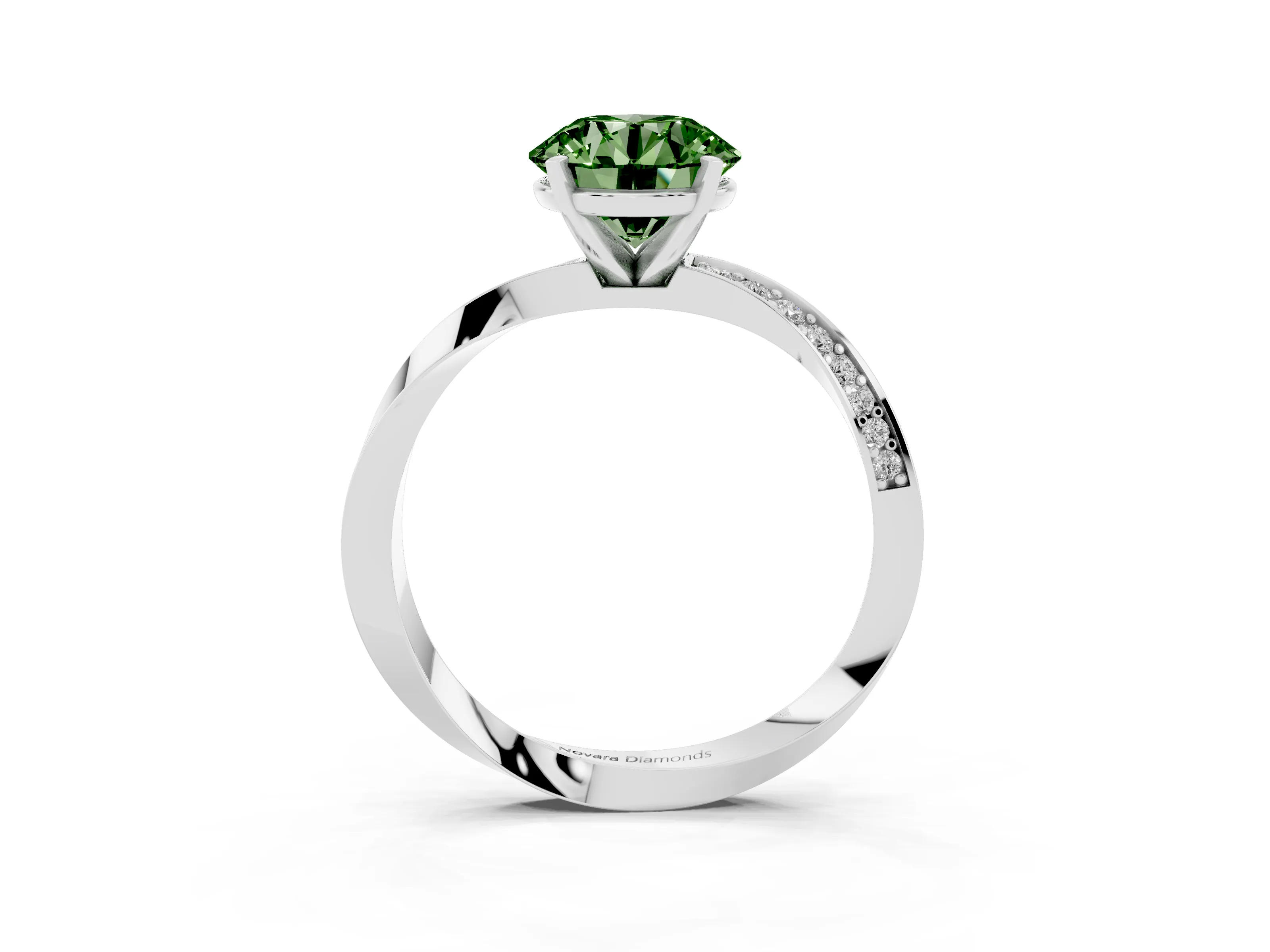 Fancy Green Round Cut Diamond Engagement Ring Set in White gold with Side Stone Accents and Prong Setting
