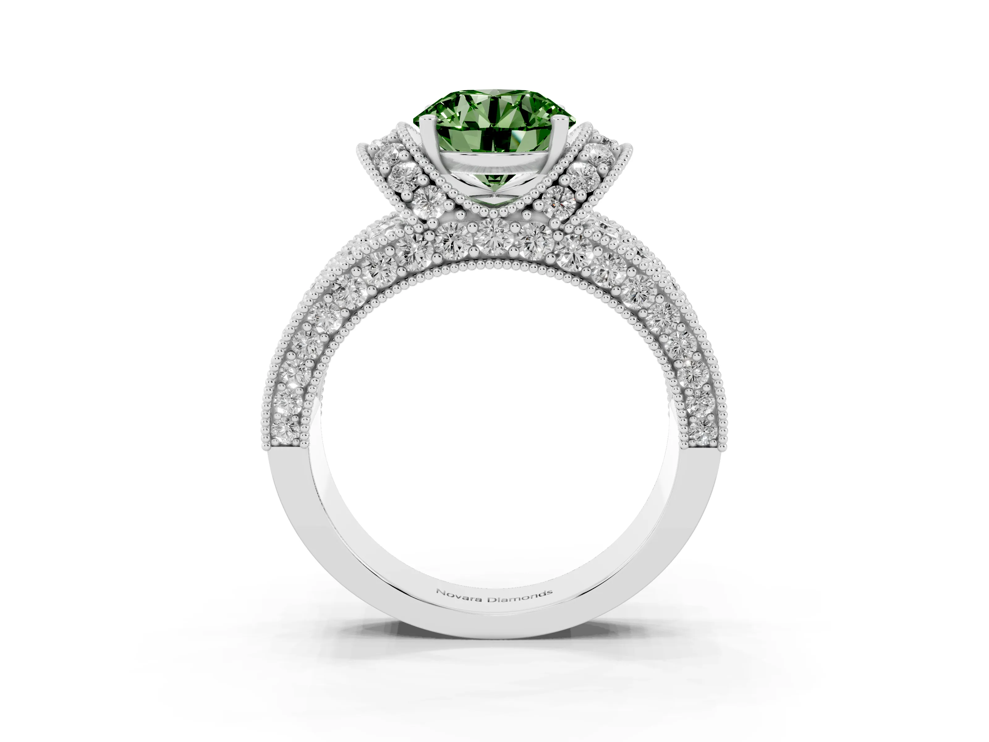 Fancy Green Round Cut Diamond Milgrain Halo Pavé Engagement Ring Set in Silver with Prong Setting
