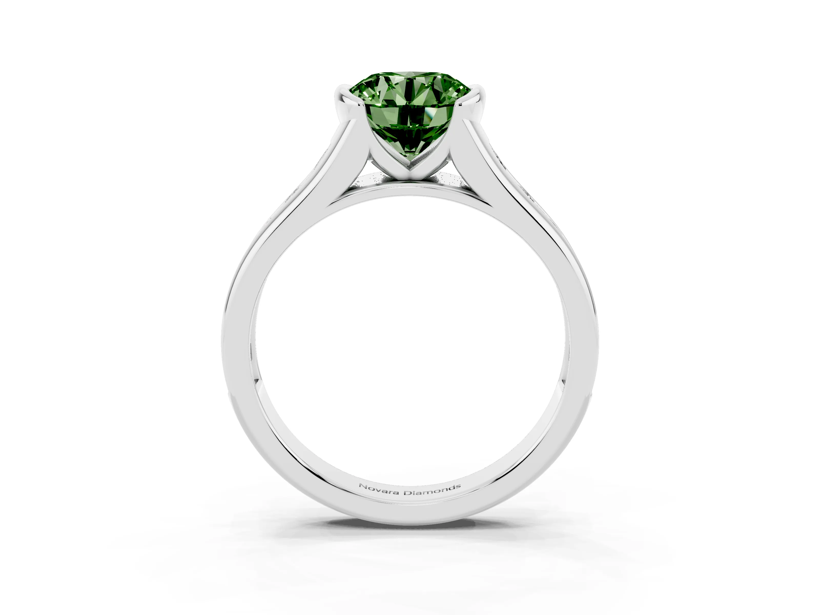 Fancy Green Round Cut Diamond Bezel-Set Solitaire Ring Set in White gold with Channel-Set Band