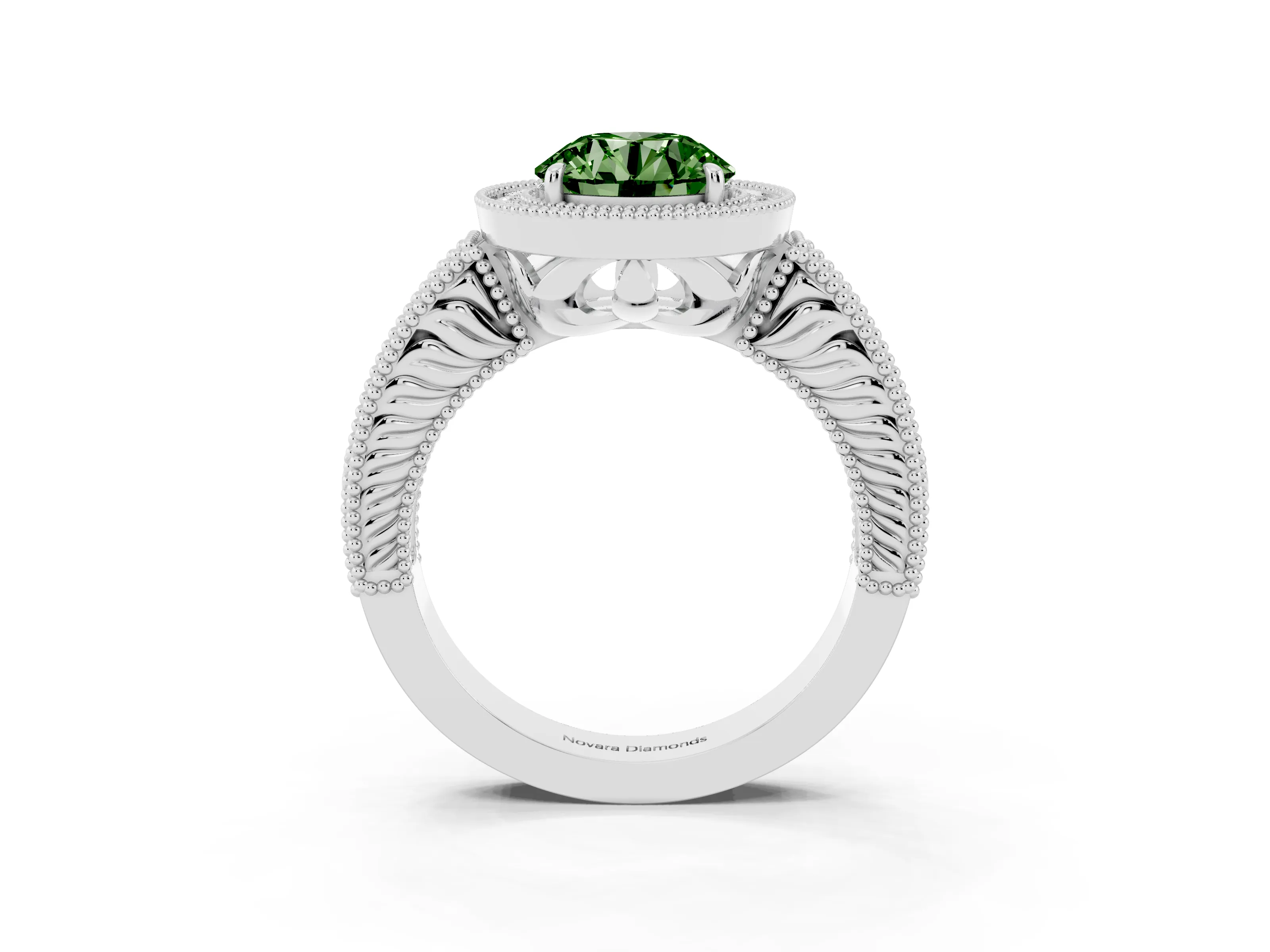 Fancy Green Round Cut Diamond Halo Ring Set in White gold with Round Accent Halo, Pavé Band and Prong Setting