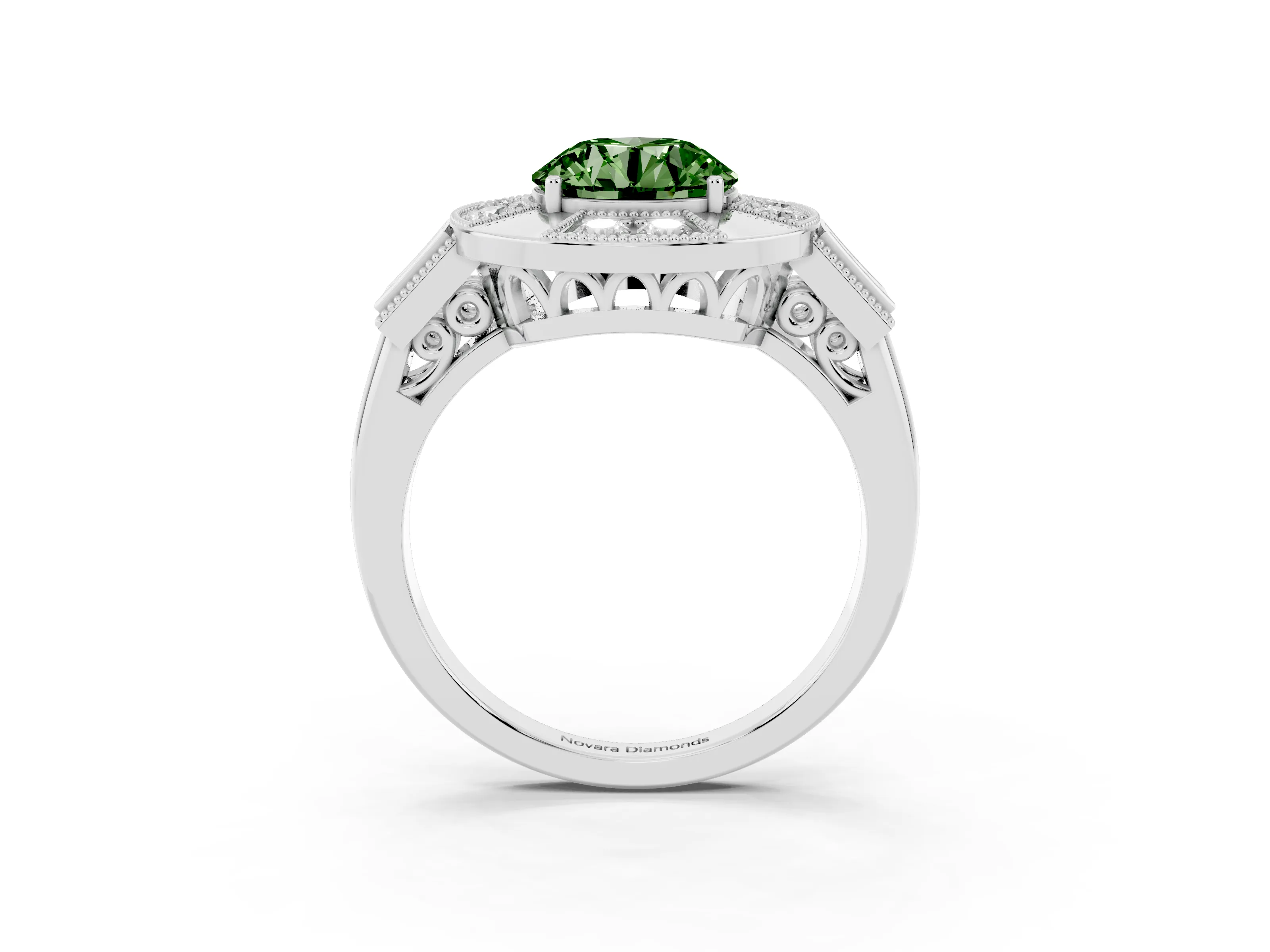 Fancy Green Round Cut Diamond Milgrain Halo Ring Set in Platinum with Split Shank