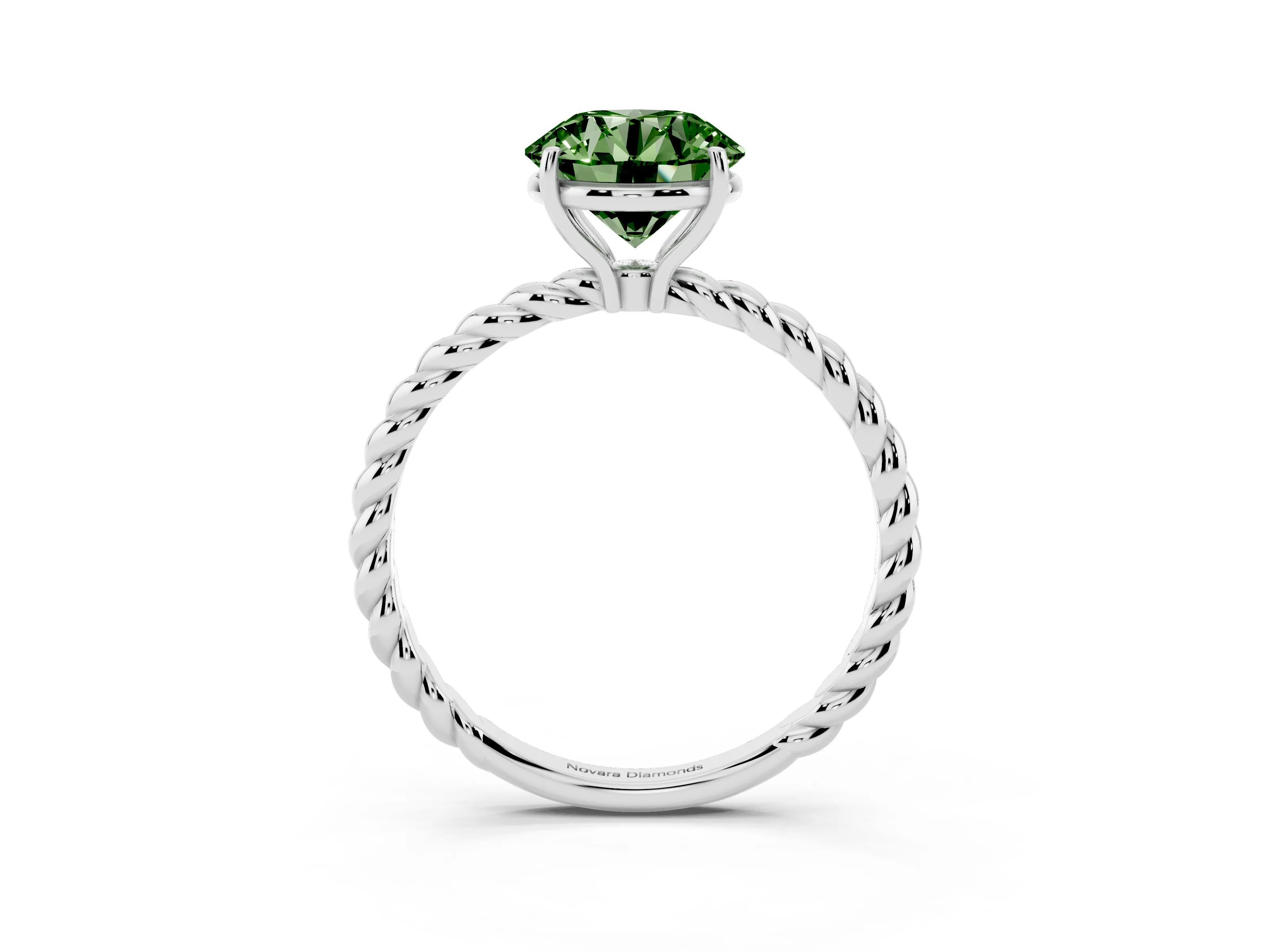 Fancy Green Round Cut Diamond Solitaire Ring Set in White gold with Twist Band and Prong Setting