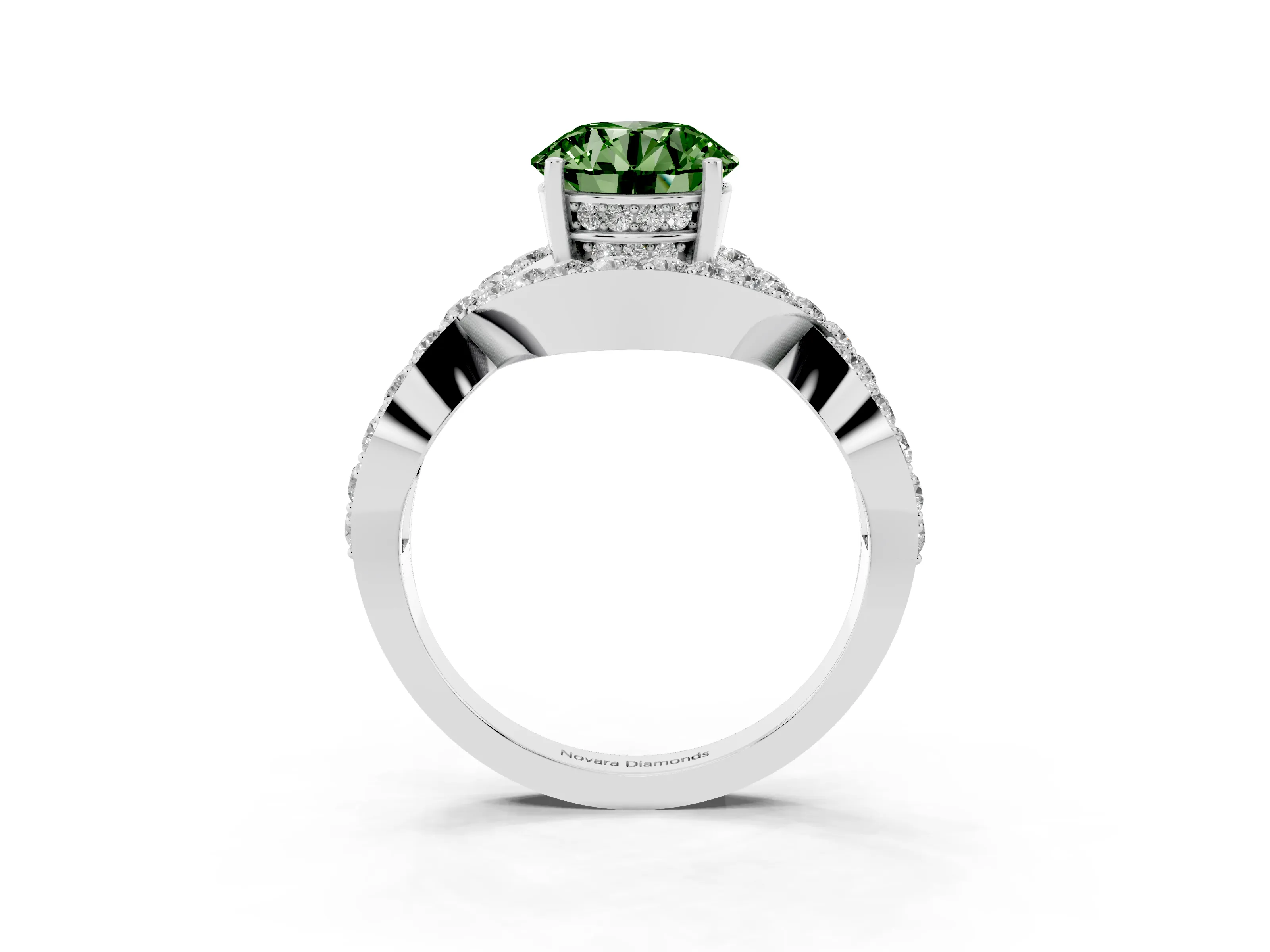 Fancy Green Round Cut Diamond Solitaire Twist Band Pavé Engagement Ring Set in White gold