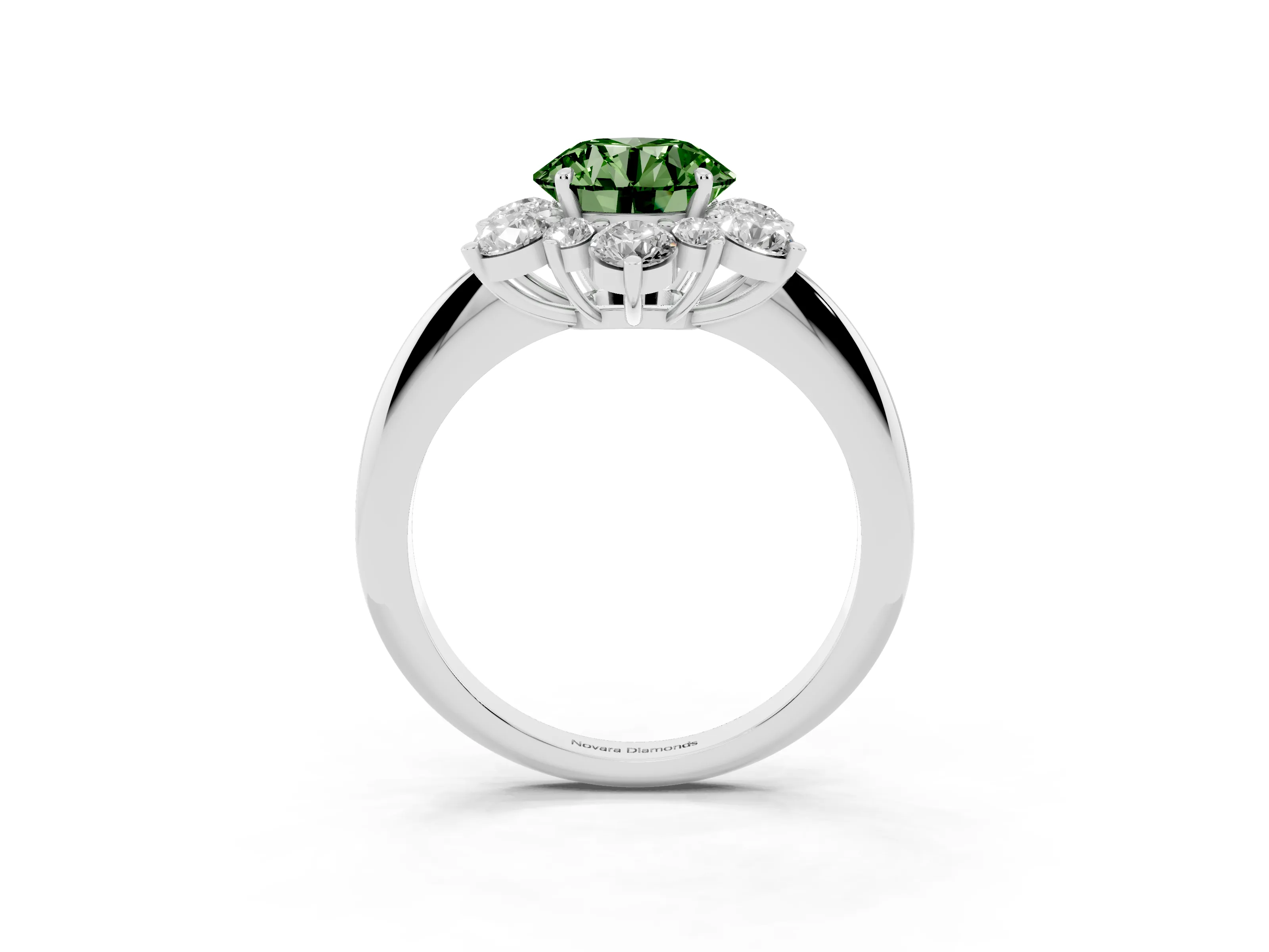 Fancy Green Round Cut Diamond Cluster Halo Ring Set in Silver with Solitaire Band and Prong Setting