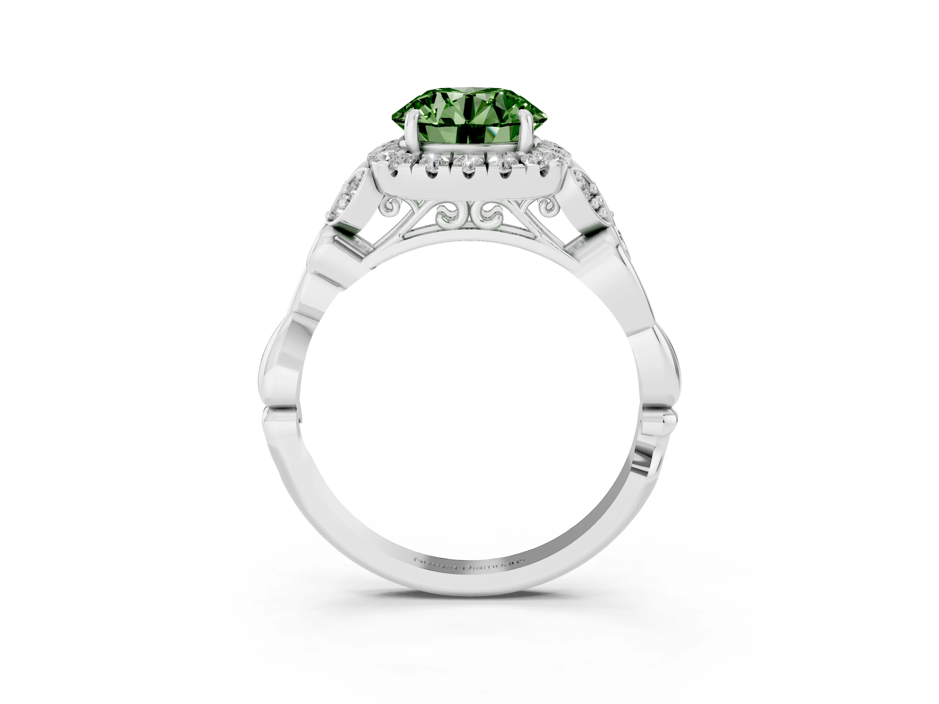 Fancy Green Round Cut Diamond Halo Engagement Ring Set in White gold with Vintage-Inspired Band and Prong Setting