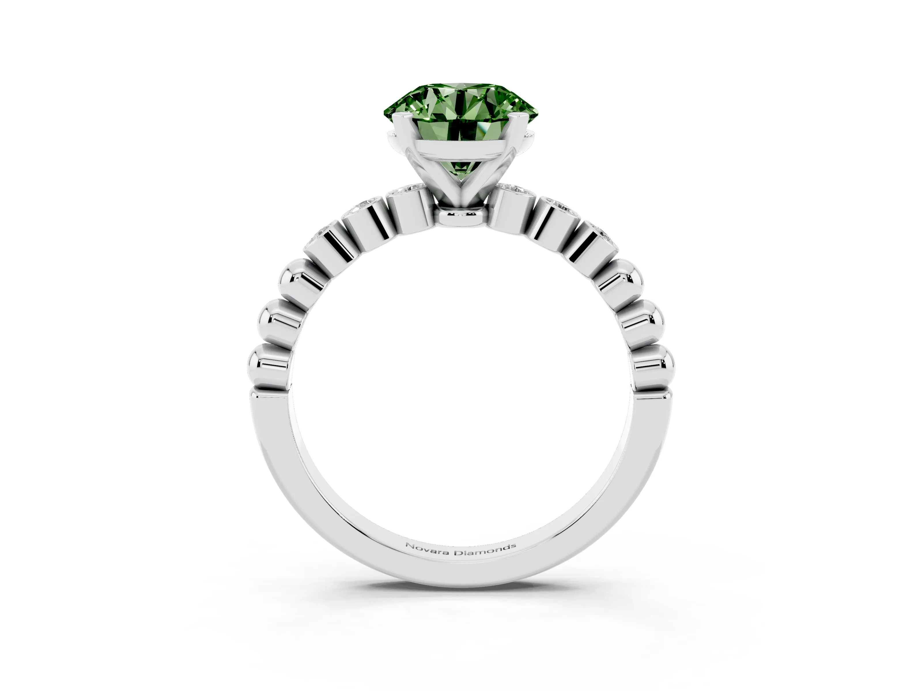 Fancy Green Round Cut Diamond Solitaire Engagement Ring Set in Platinum with Bezel Accents on Beaded Band
