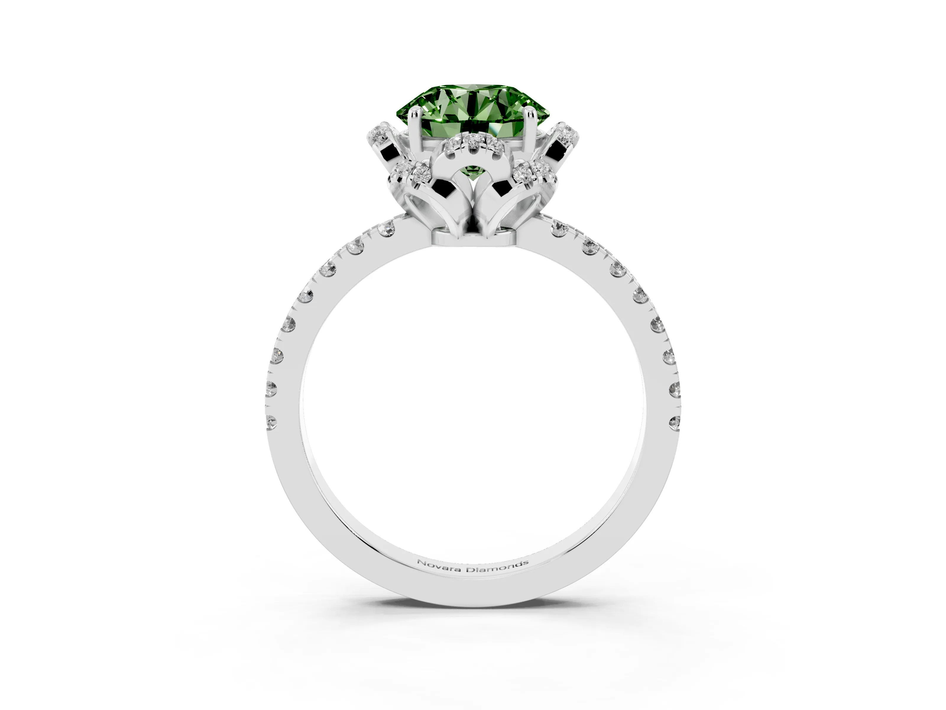 Fancy Green Round Cut Diamond Halo Pavé Band Ring Set in White gold with Prong-Held Center