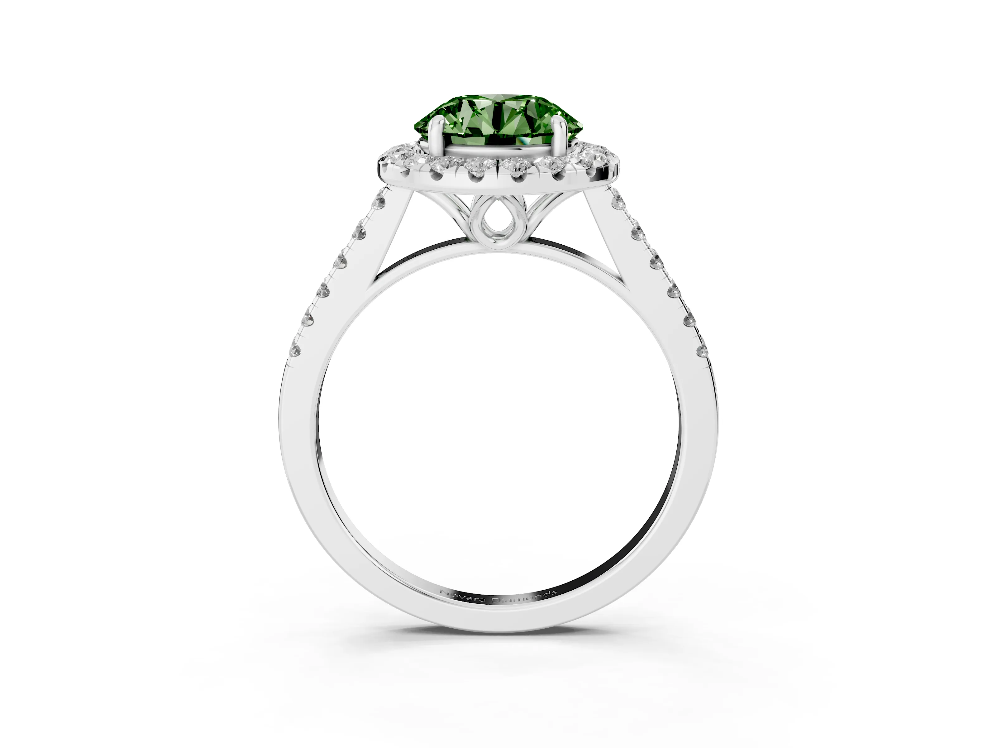 Fancy Green Round Cut Diamond Pavé Halo Engagement Ring Set in Platinum with Pavé Band and Prong Setting