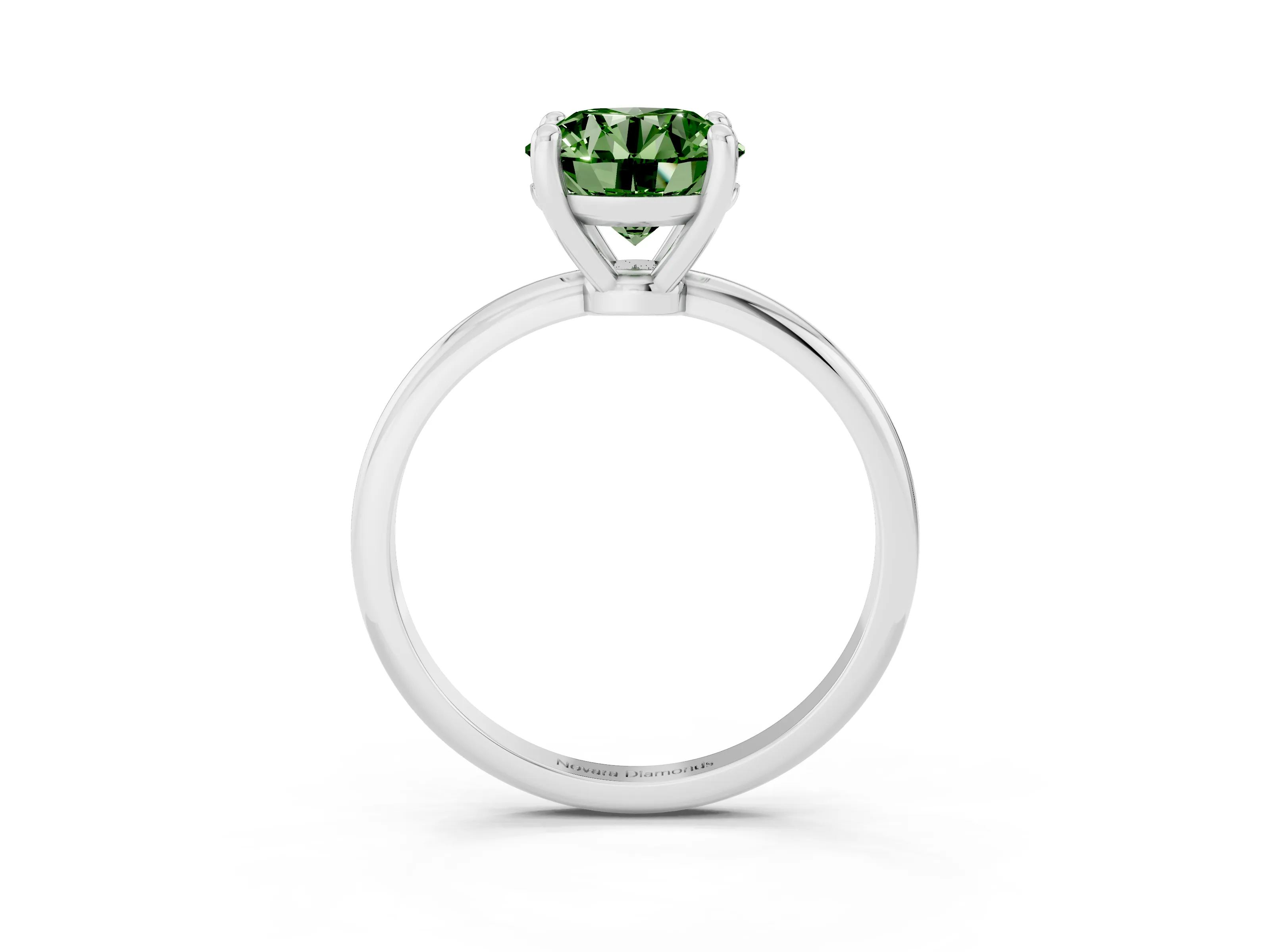 Fancy Green Round Cut Diamond Solitaire Ring Set in Silver with Secure Prong Setting on a Classic Band