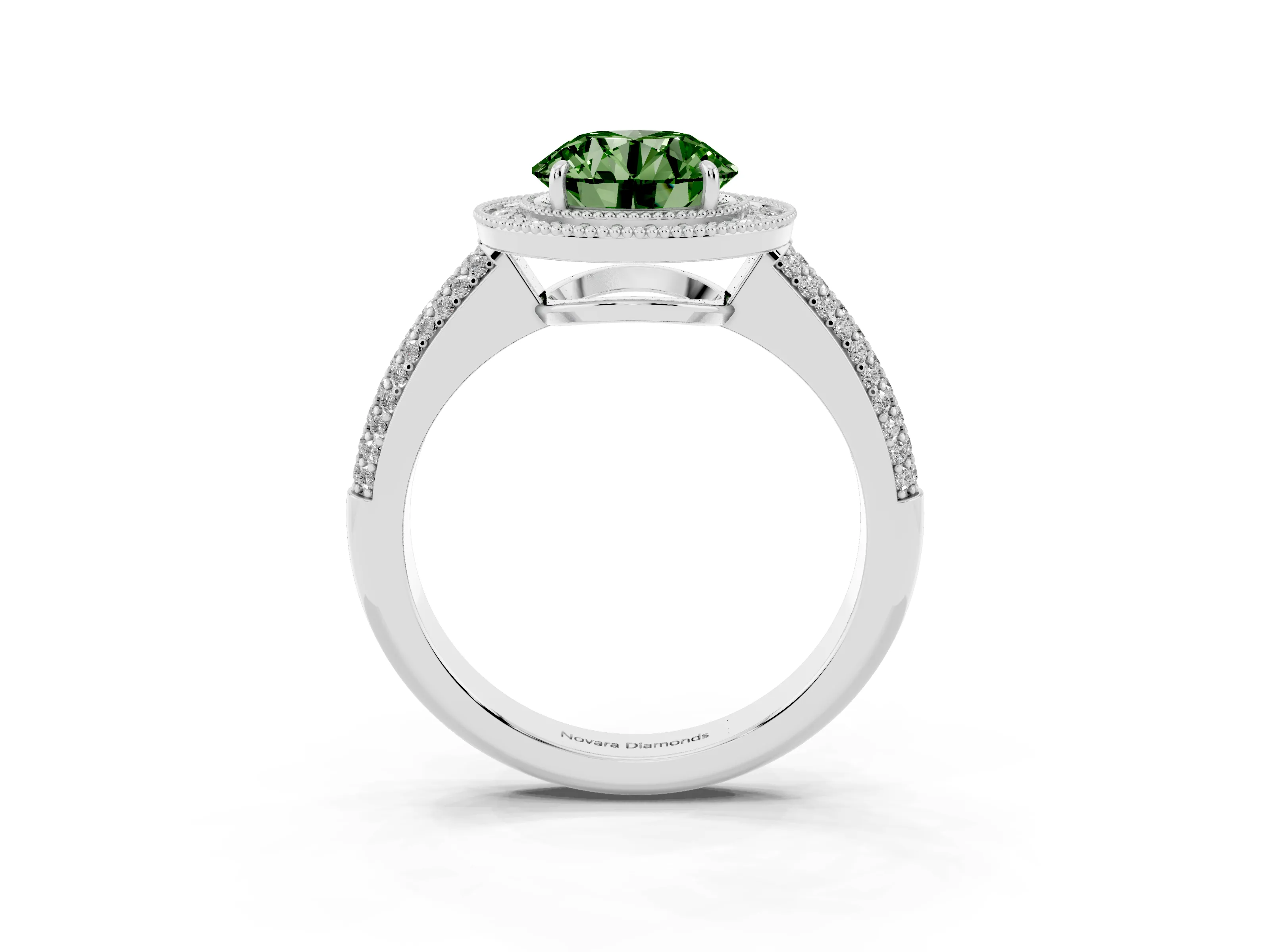 Fancy Green Round Cut Diamond Halo Pavé Band Set in White gold with Prong Setting