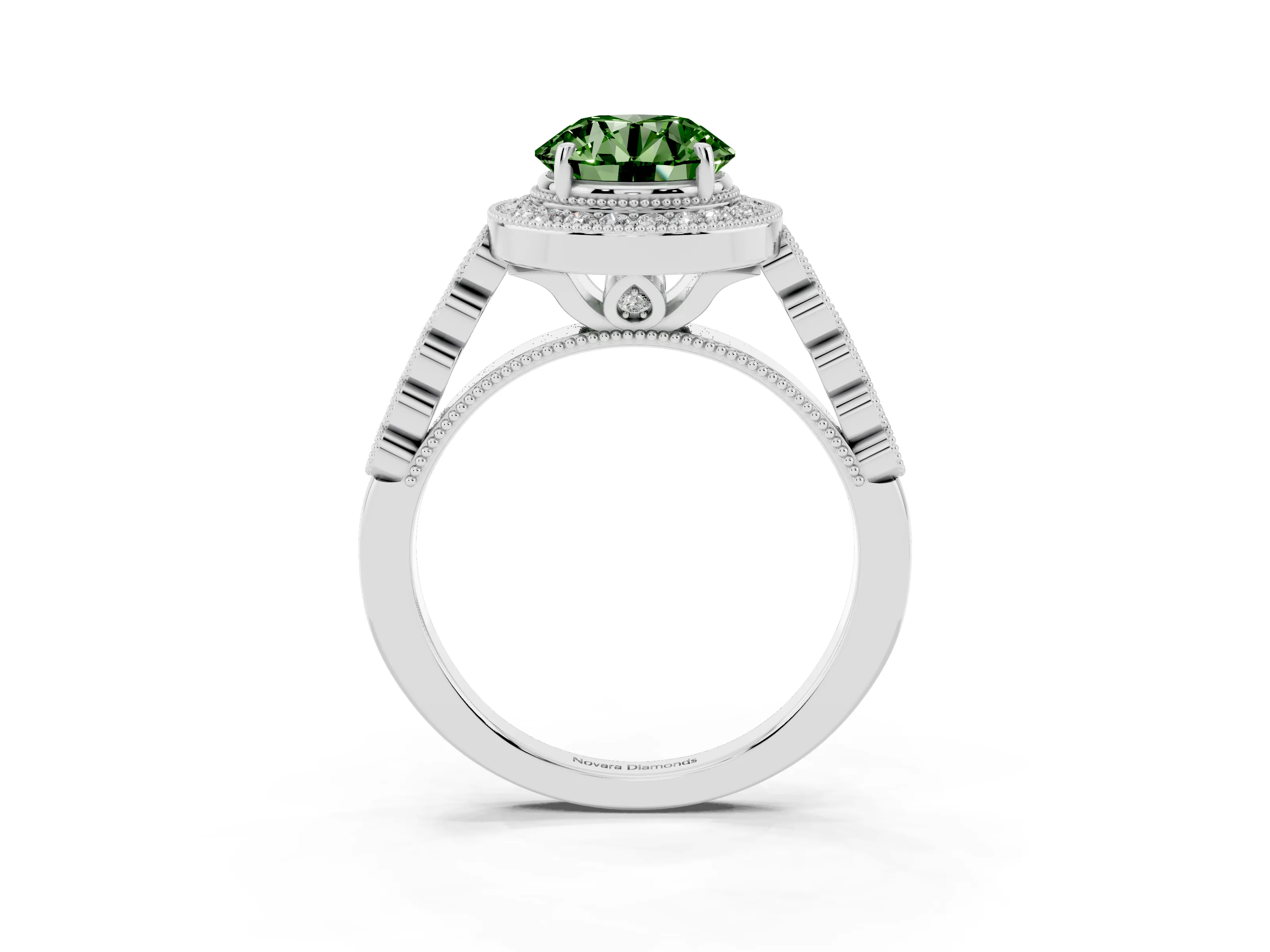 Fancy Green Round Cut Diamond Milgrain Halo Solitaire Ring Set in White gold with Bezel Set Side Stones and Pavé Band