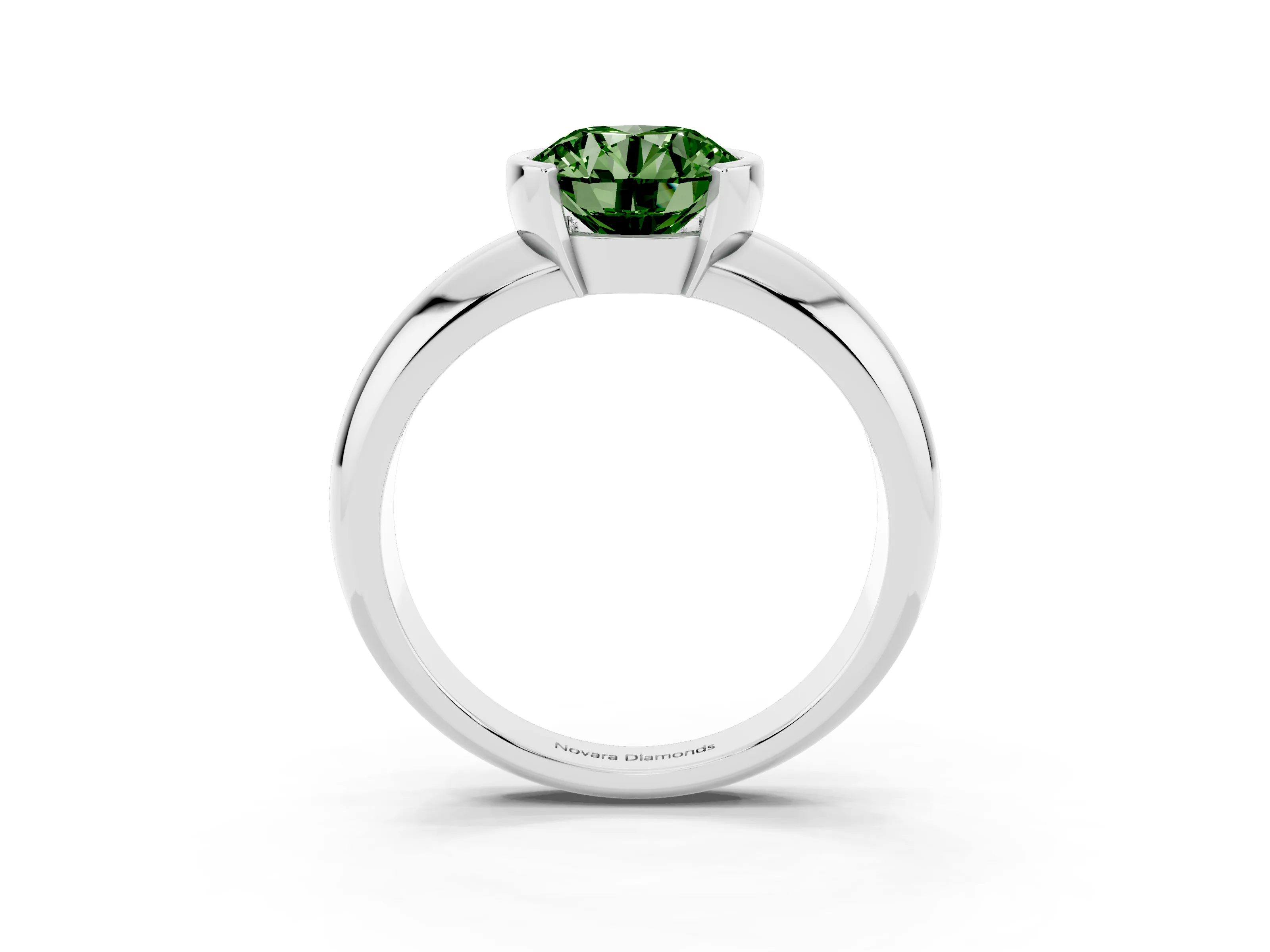 Fancy Green Round Cut Diamond Solitaire Tension Set Ring Set in White gold with Wide Band