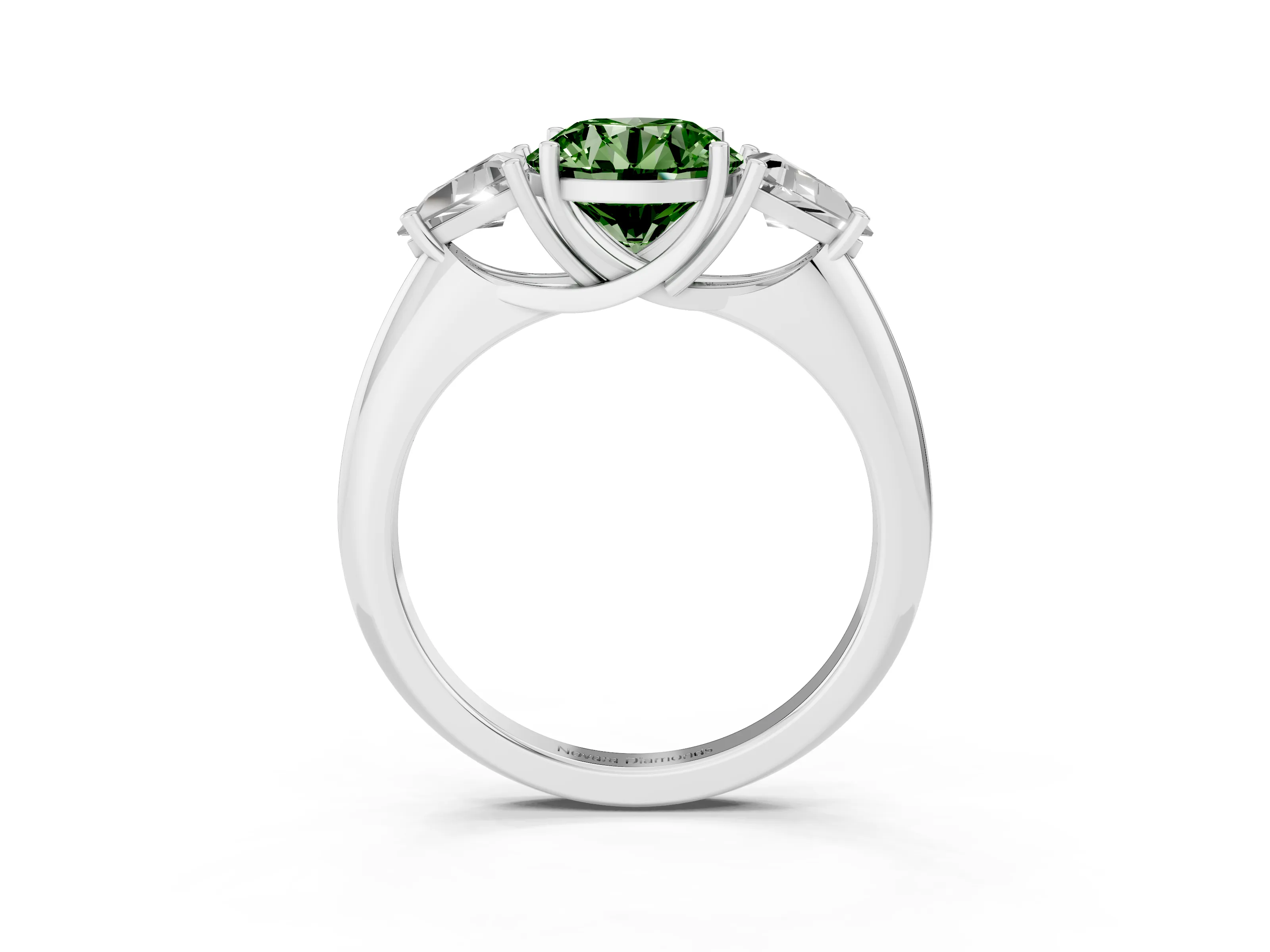 Fancy Green Round Cut Diamond Three-Stone Engagement Ring Set in Silver with Trillion Side Stones